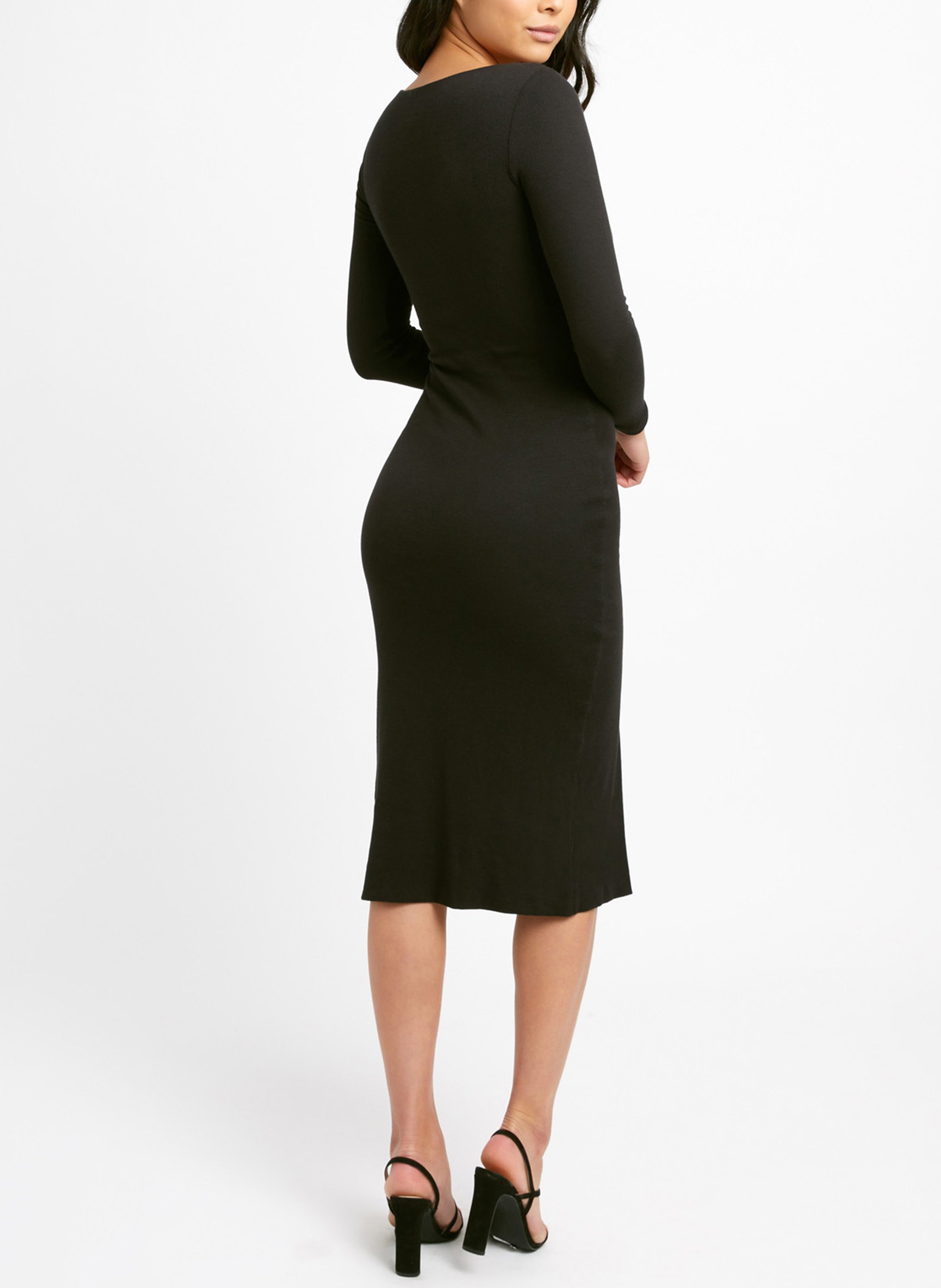 black v neck midi dress with sleeves