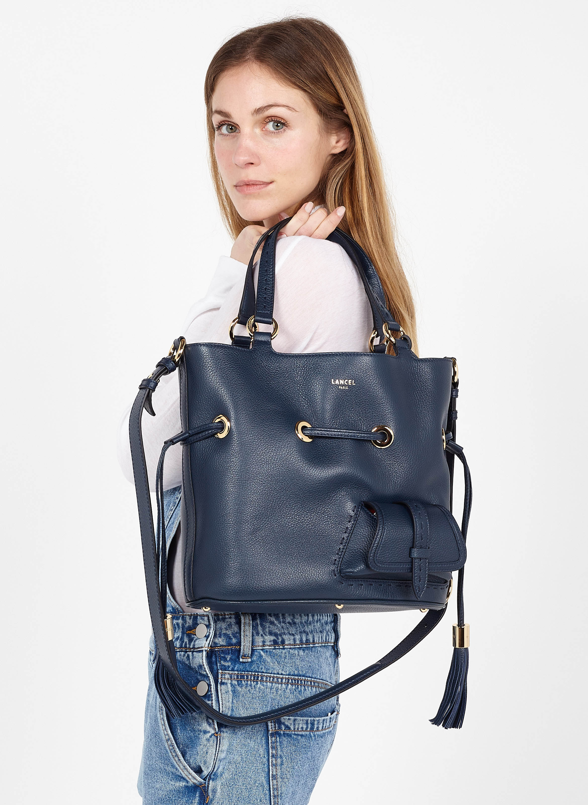 Blue Grained leather bucket bag