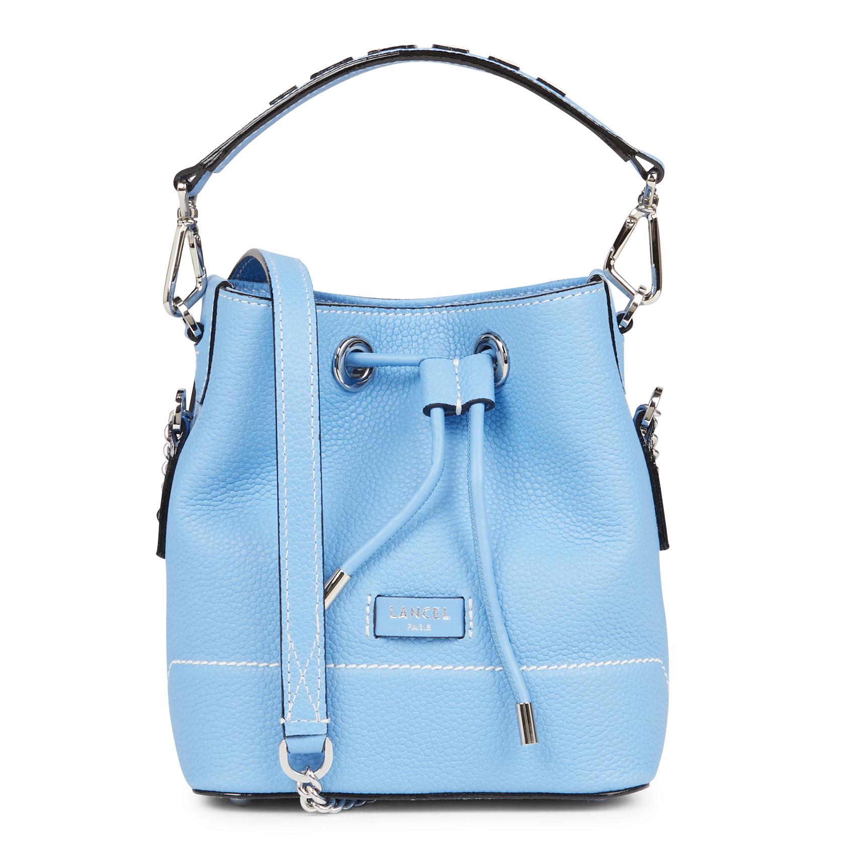 blue leather bucket bag