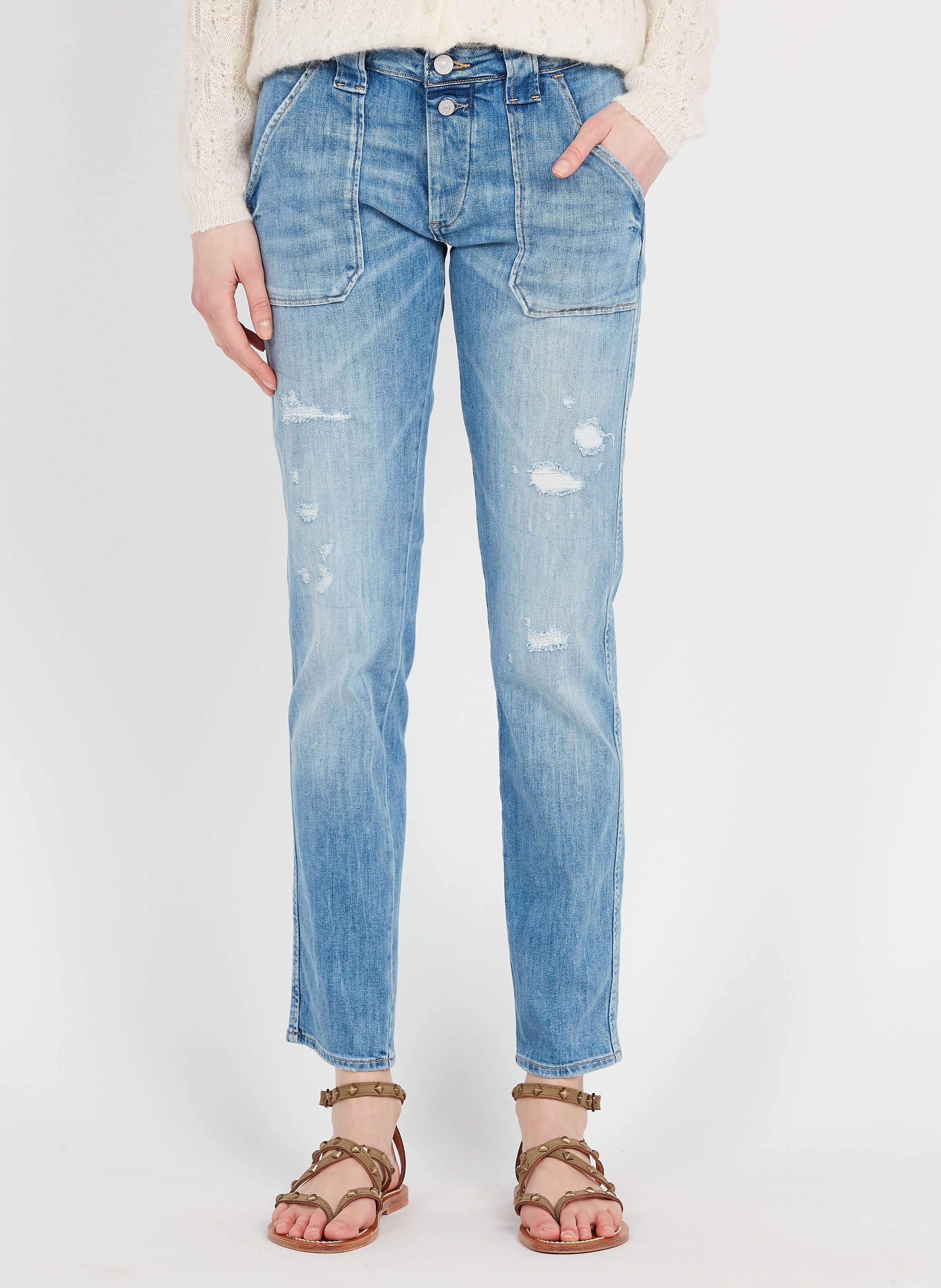 Stretch Cotton Destroyed Boyfriend Jeans Blue Le Temps Des Cerises - Women  | Place des Tendances