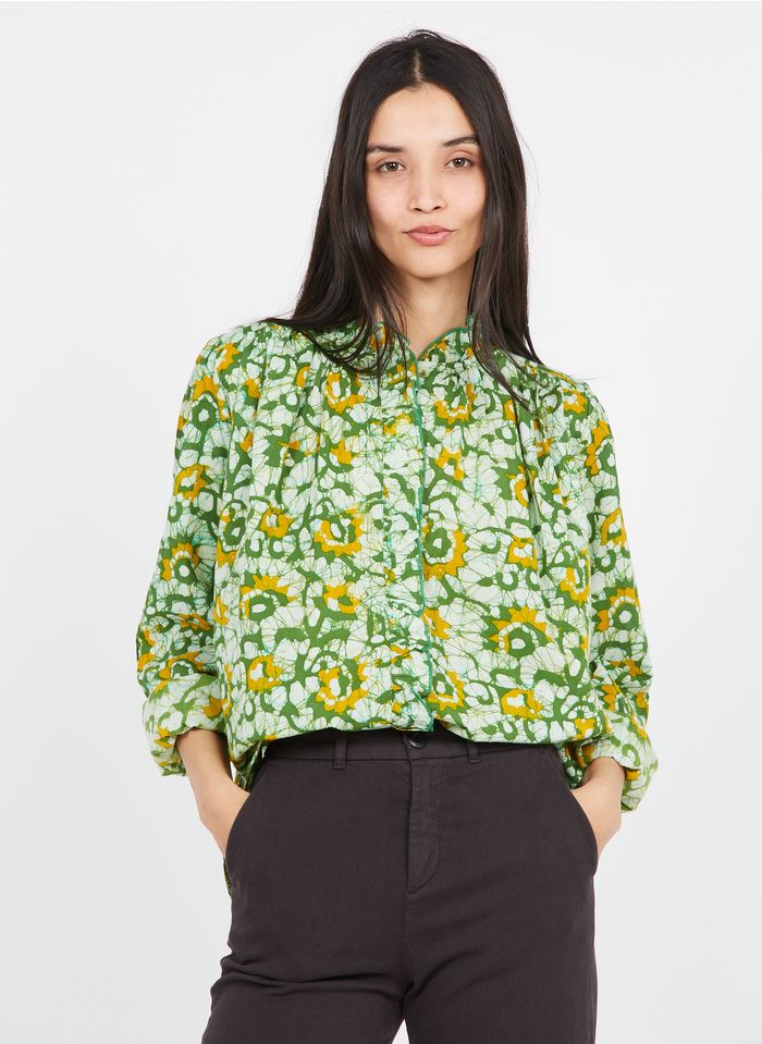 LEON & HARPER Green Printed organic cotton shirt with Victorian collar