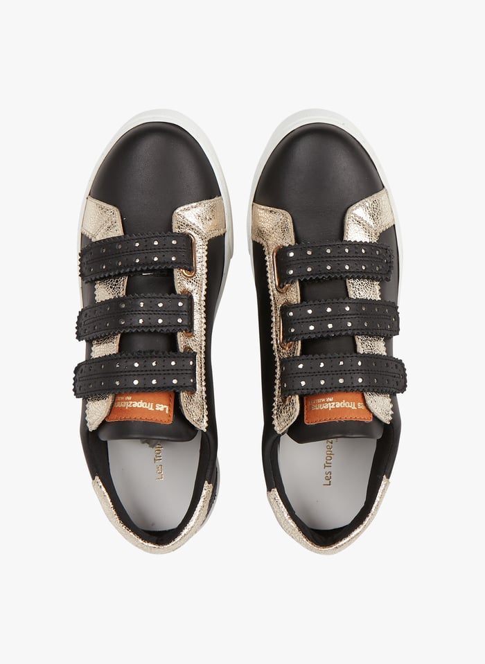 Low top Leather Sneakers With Metallic Detail Noir or Les