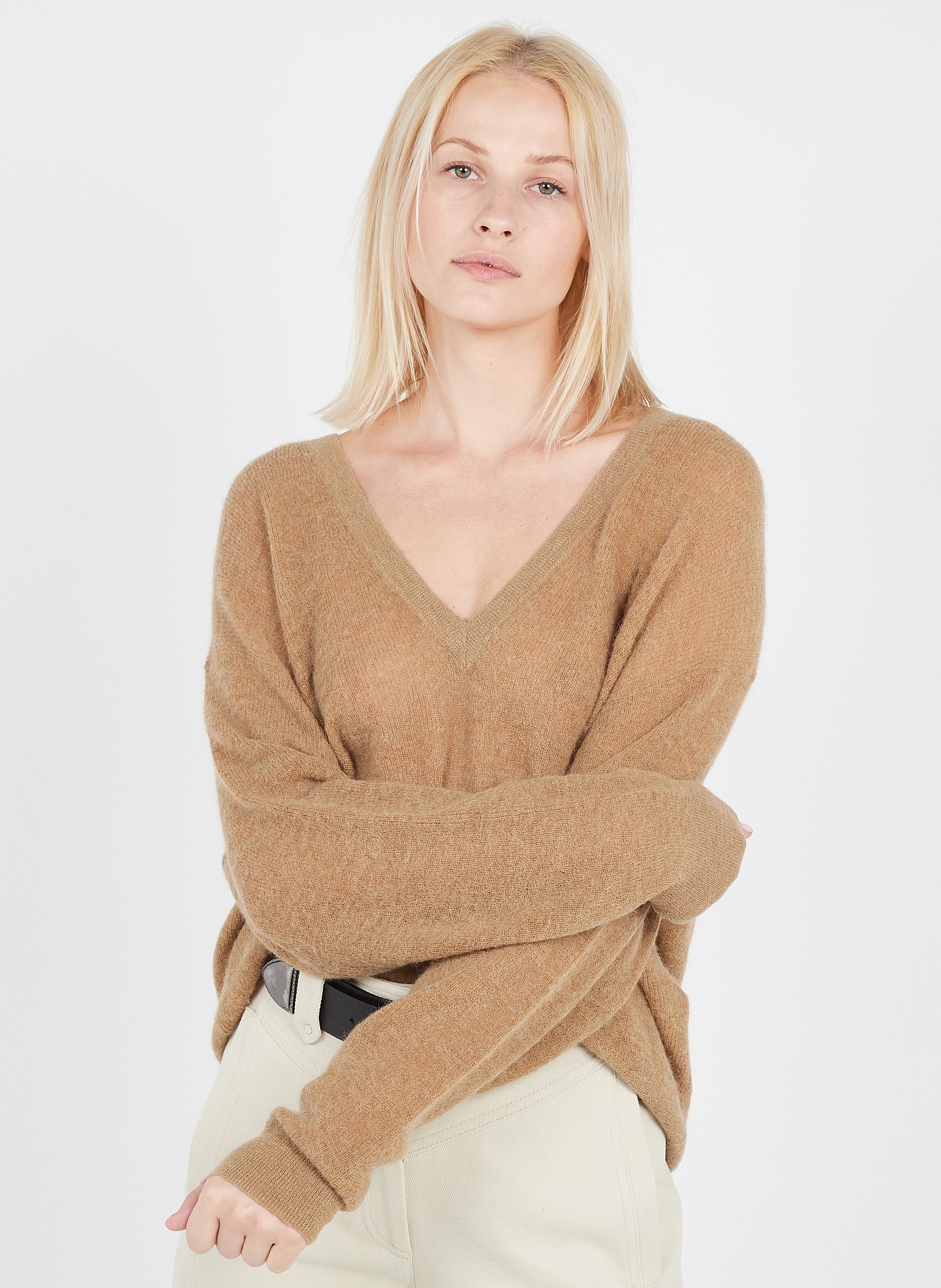 Beige V neck alpaca and wool blend sweater