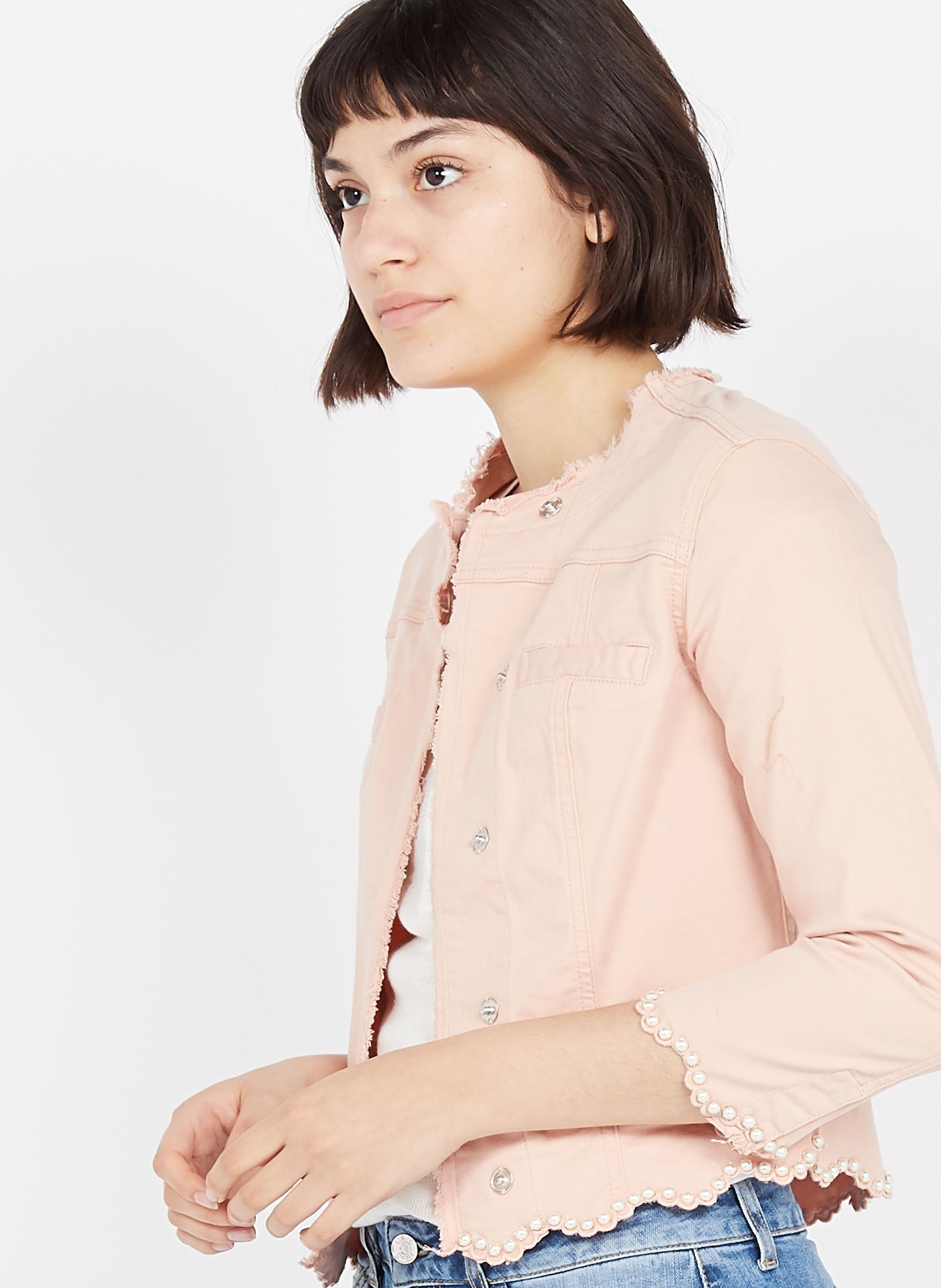 rose colored jean jacket