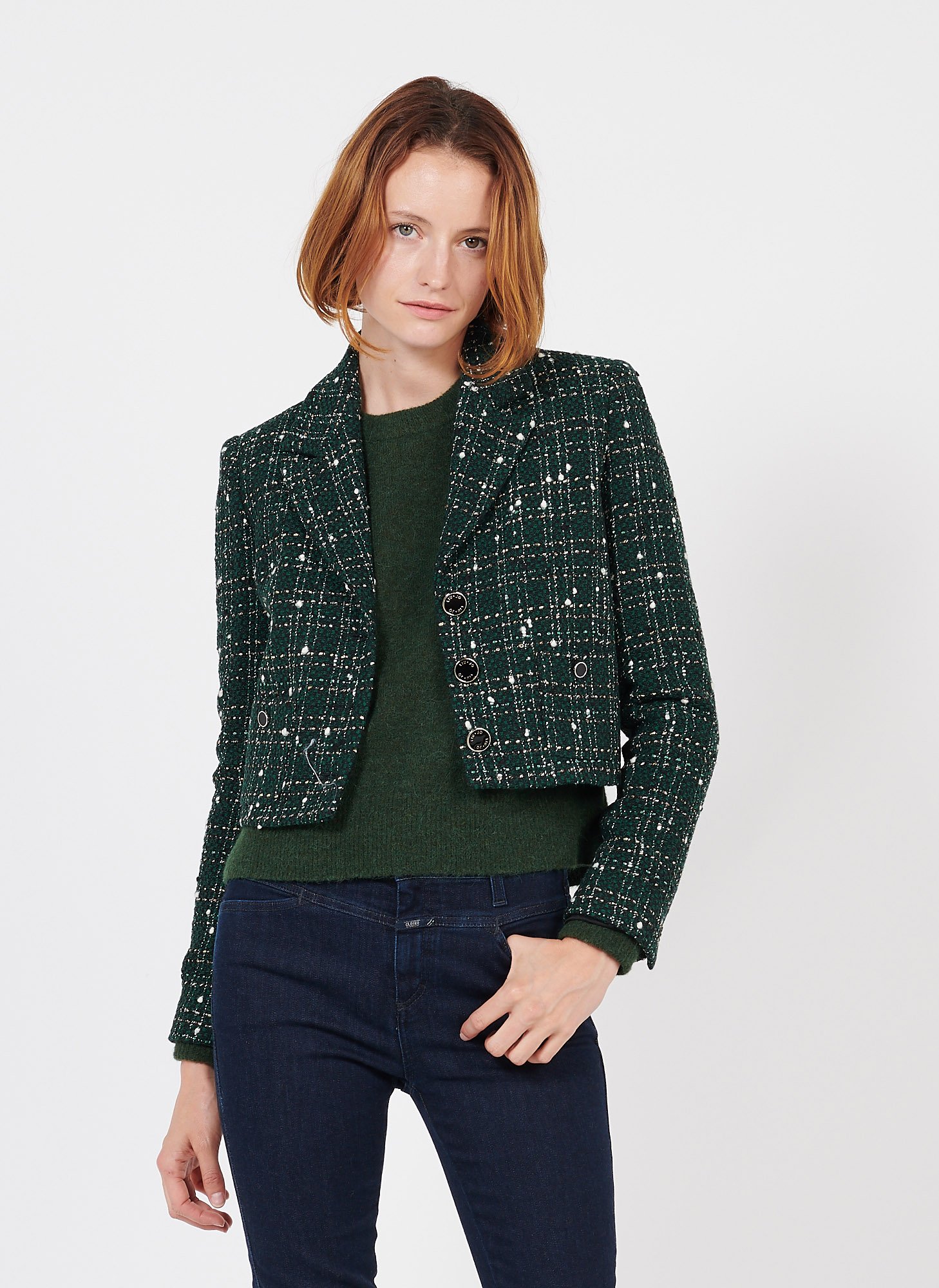 Short Tweed Jacket With Tailored Collar Verde/oro Liu Jo - Women | Place  des Tendances