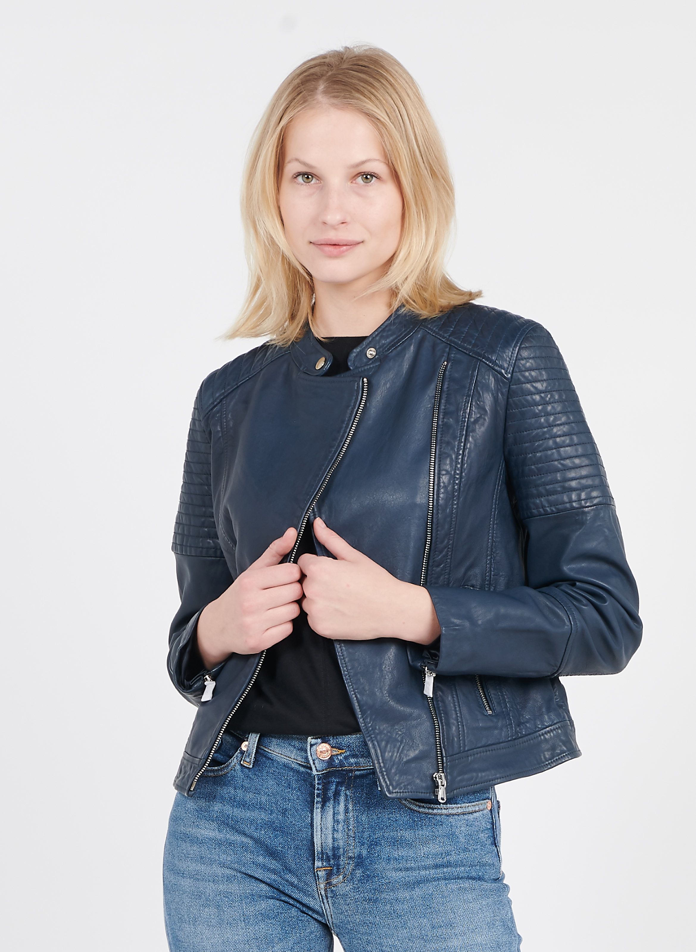 round neck leather jacket