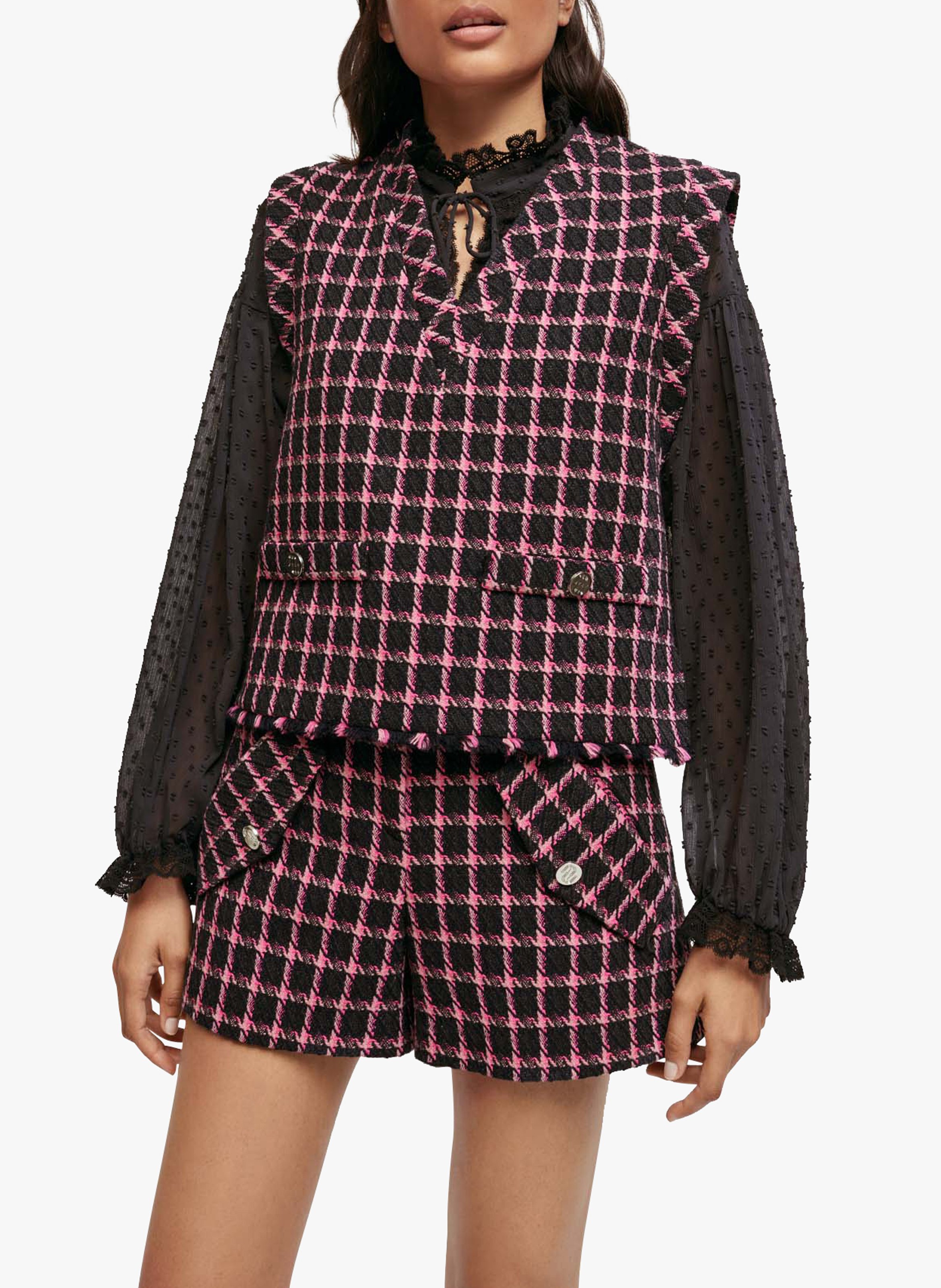 Sale Tweed Style Checked V Neck Top Fuchsia Maje Women Place Des Tendances
