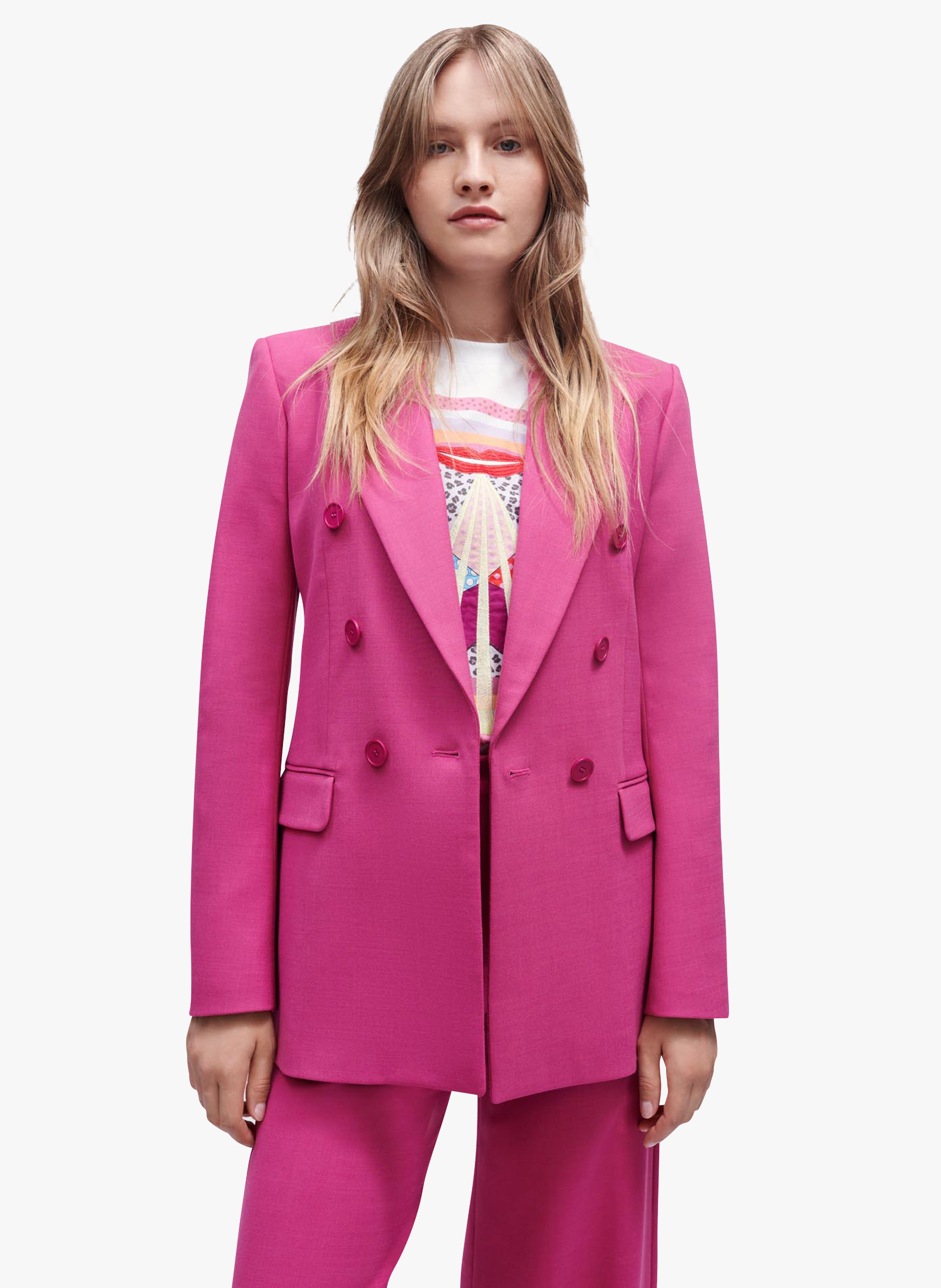 red blazer grey pants