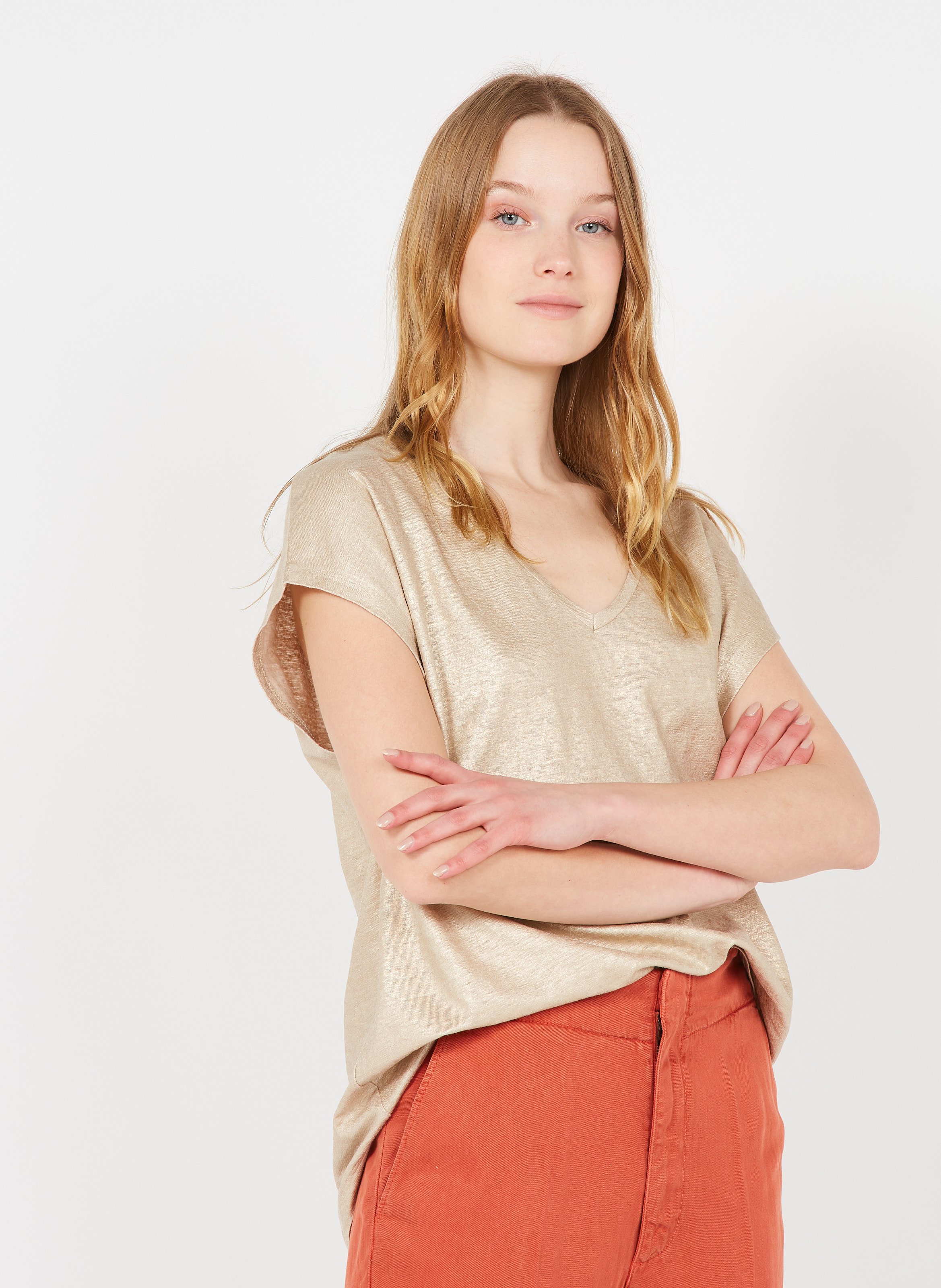 Sale V-neck Linen T-shirt With Metallic 