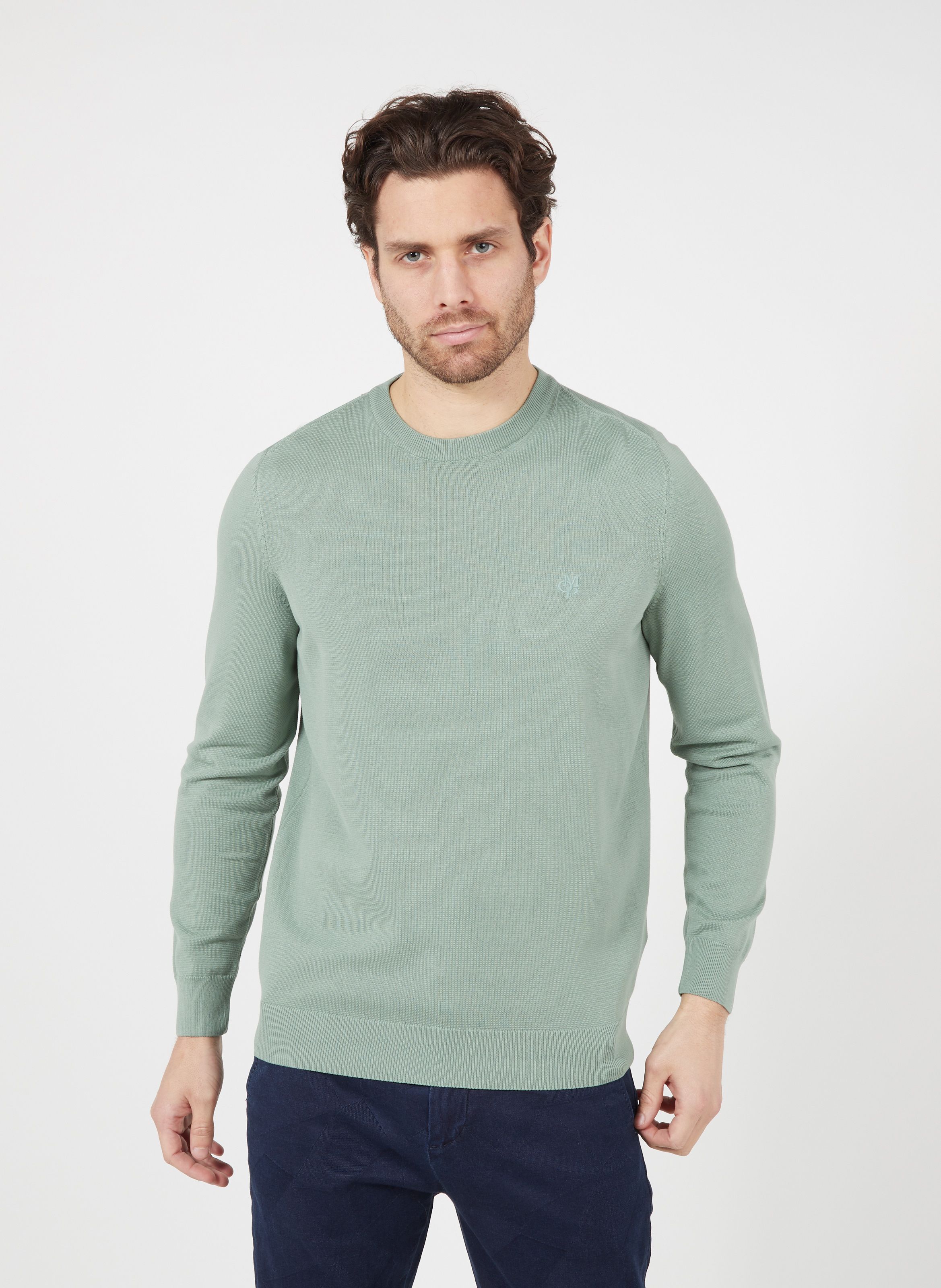 Regular-fit Cotton-blend Sweater With Round Neck 413-green Bay Marc O ...
