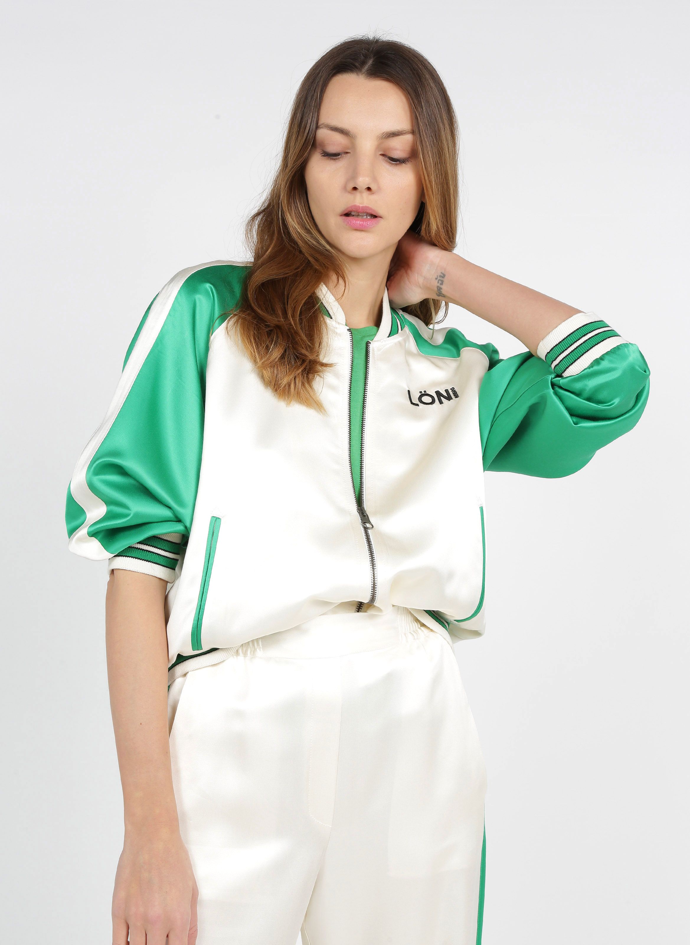 Green Embroidered satin jacket with varsity collar