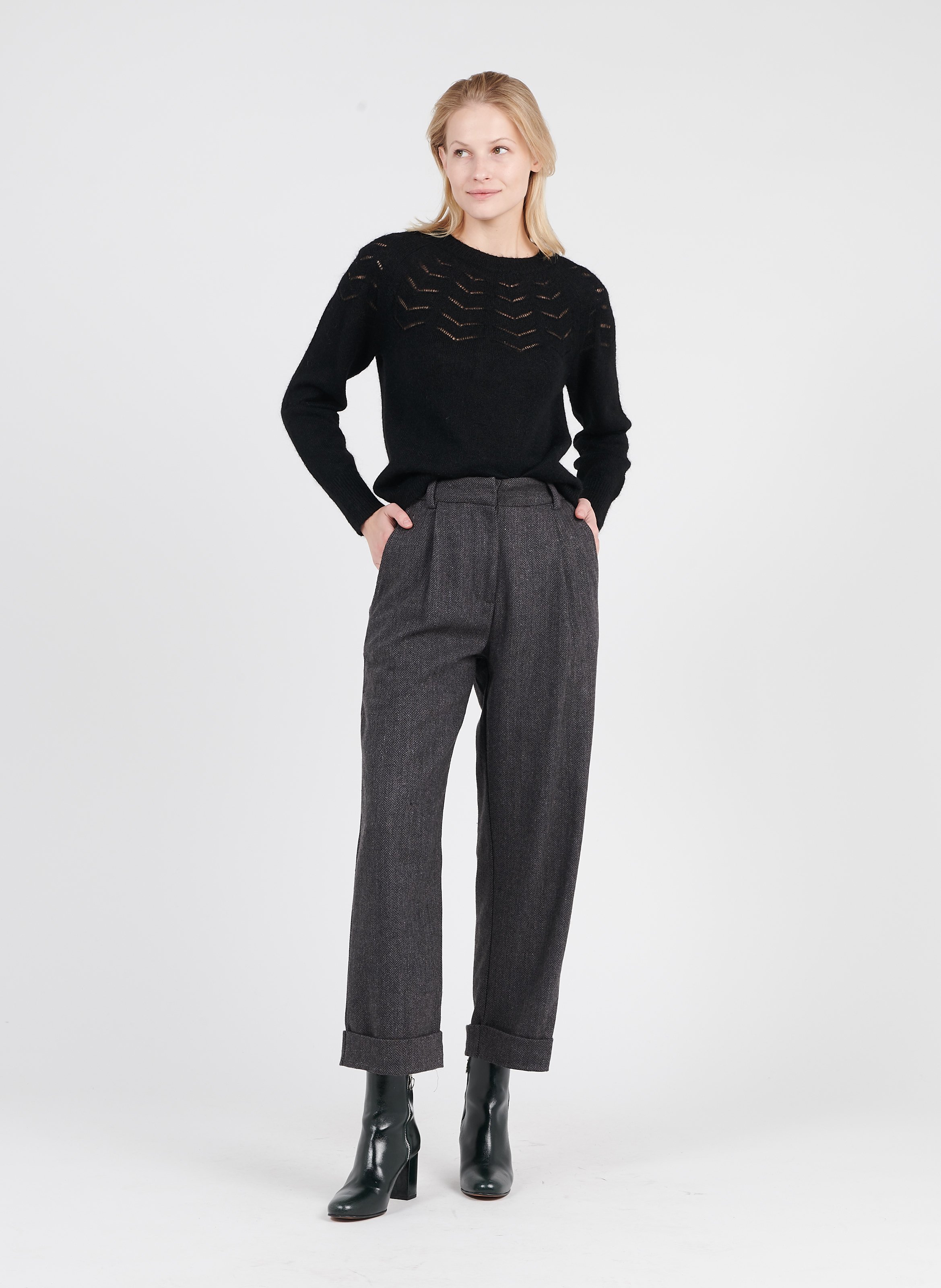 Wide-leg Herringbone Wool Pants Noir 