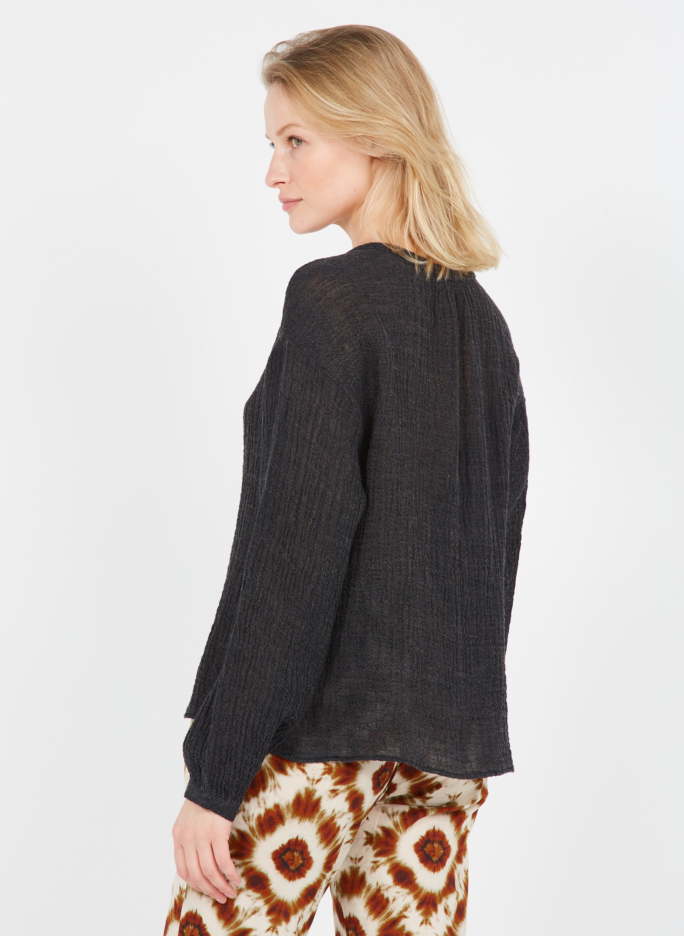 Sale Round-neck Pleated Linen-blend Top 