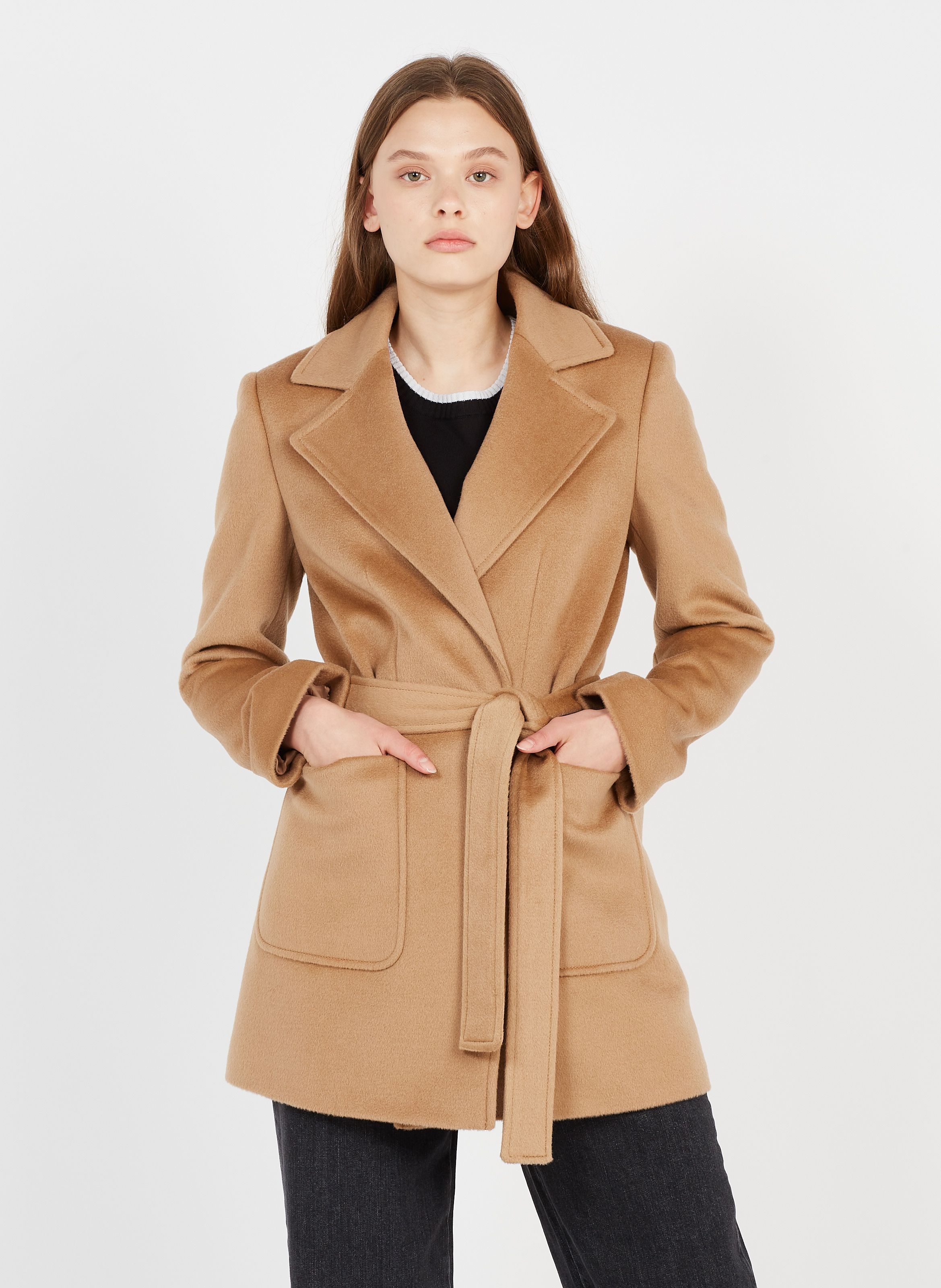 womens camel belted coat