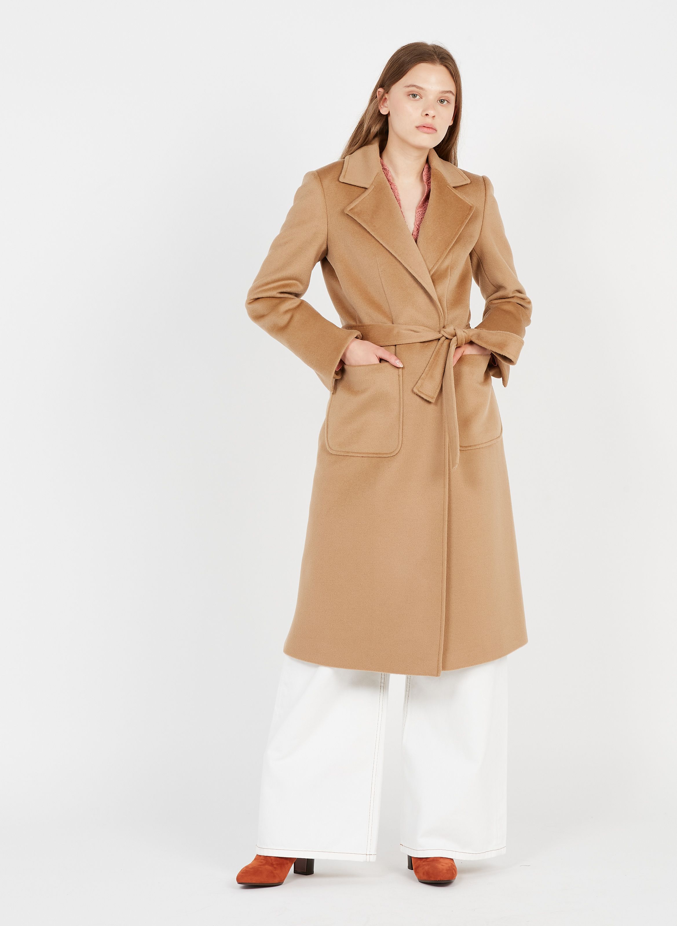 womens camel belted coat