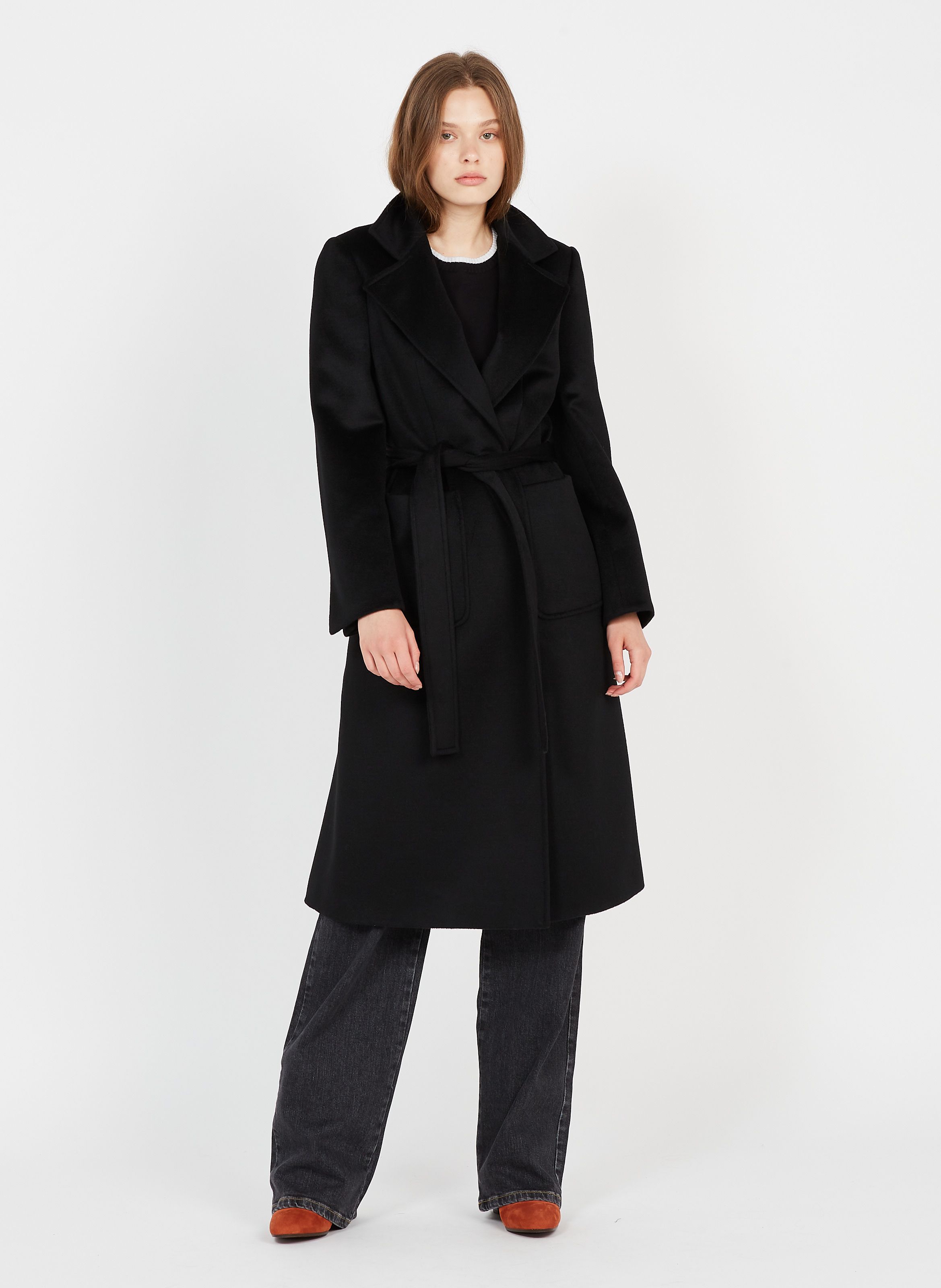 belted wool coat black