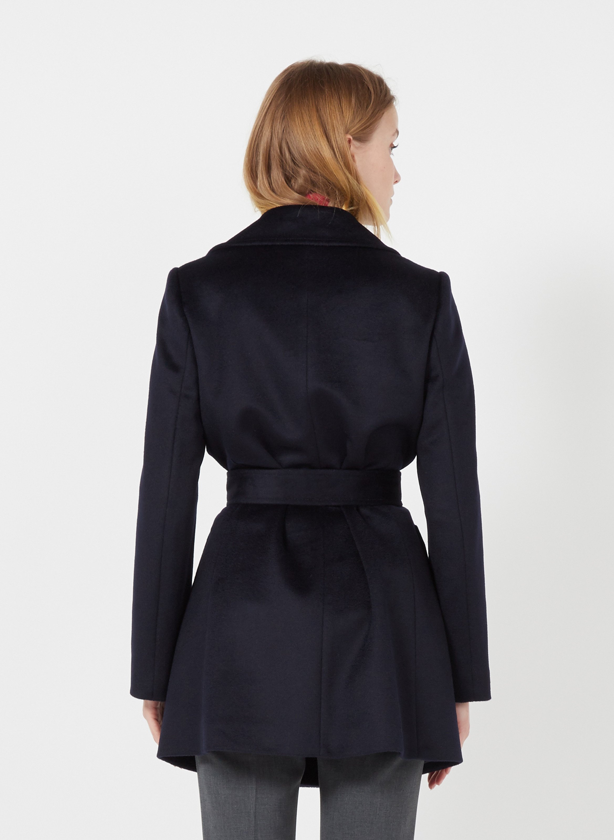 blue belted wool coat