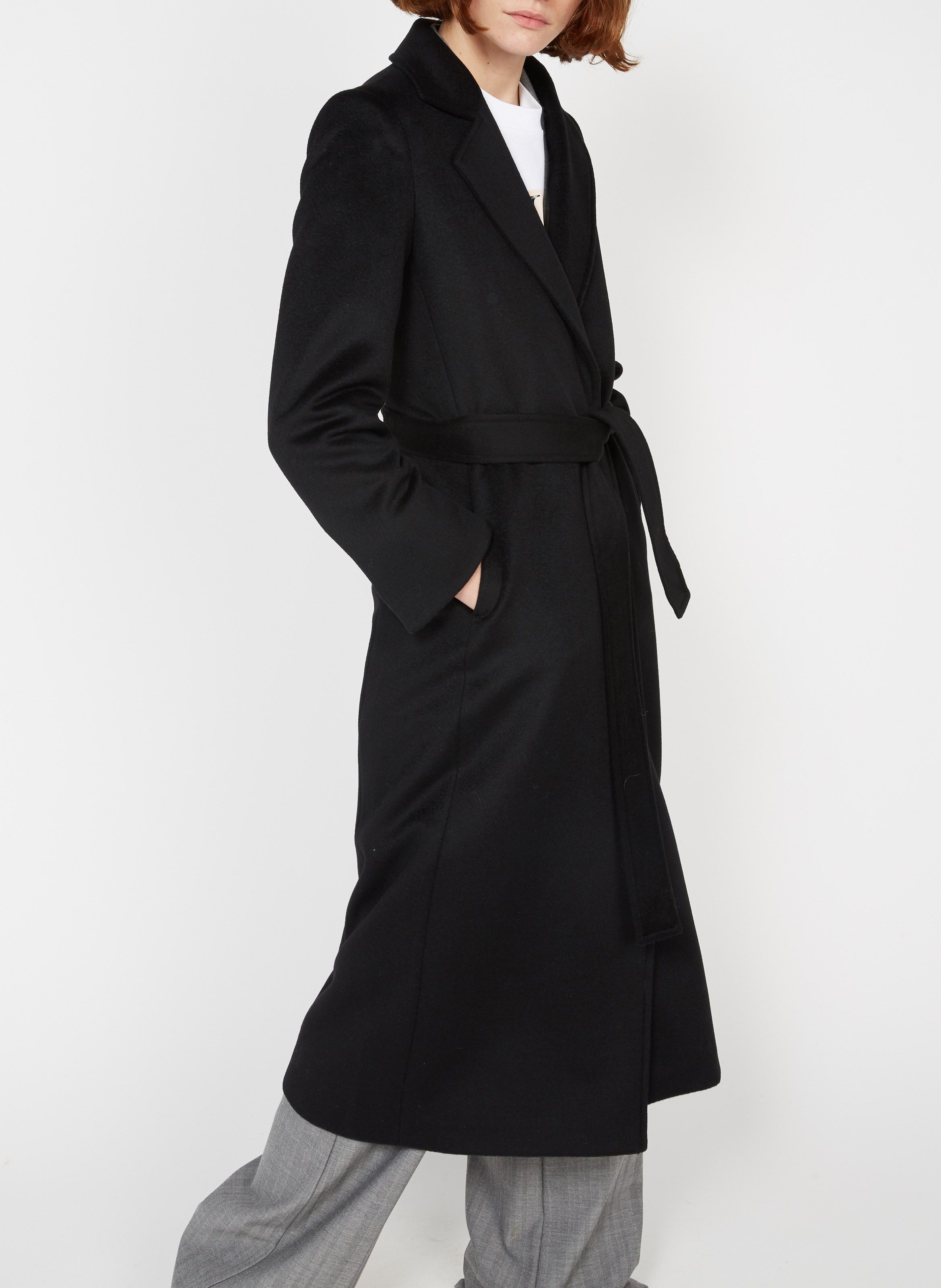 black wool tie coat