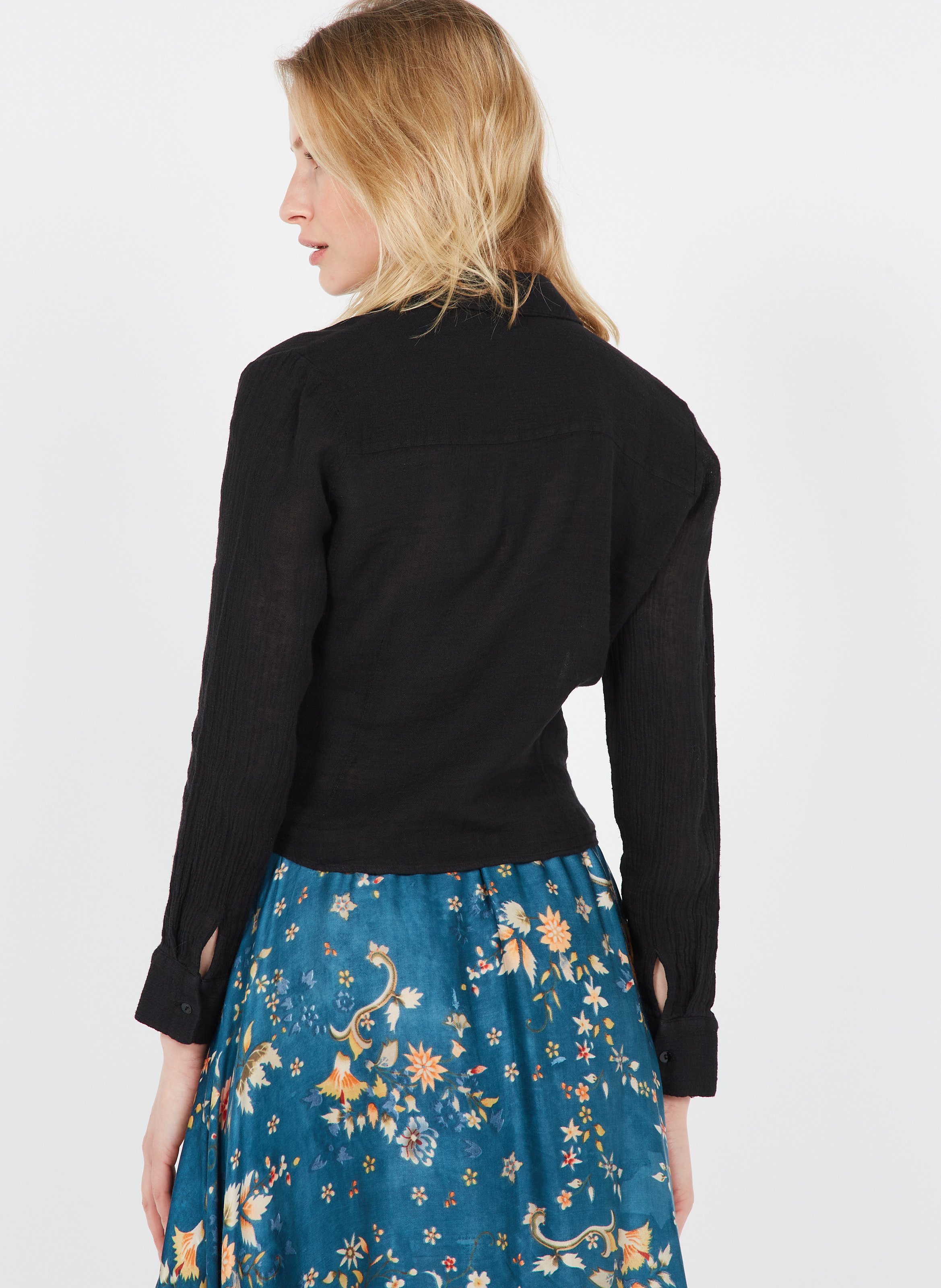 Sale Linen Wrap Top With Classic Collar 