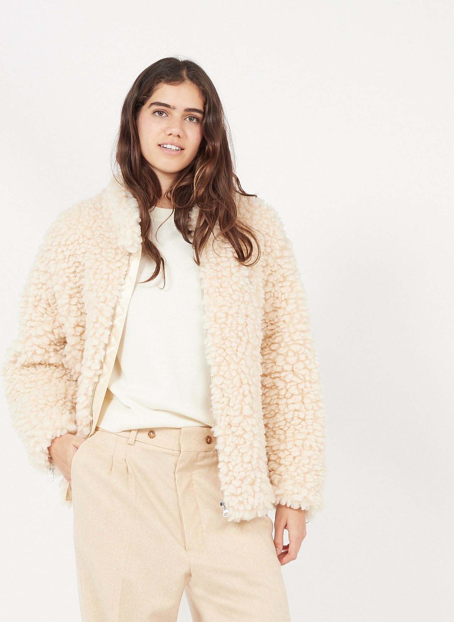 beige faux fur jacket