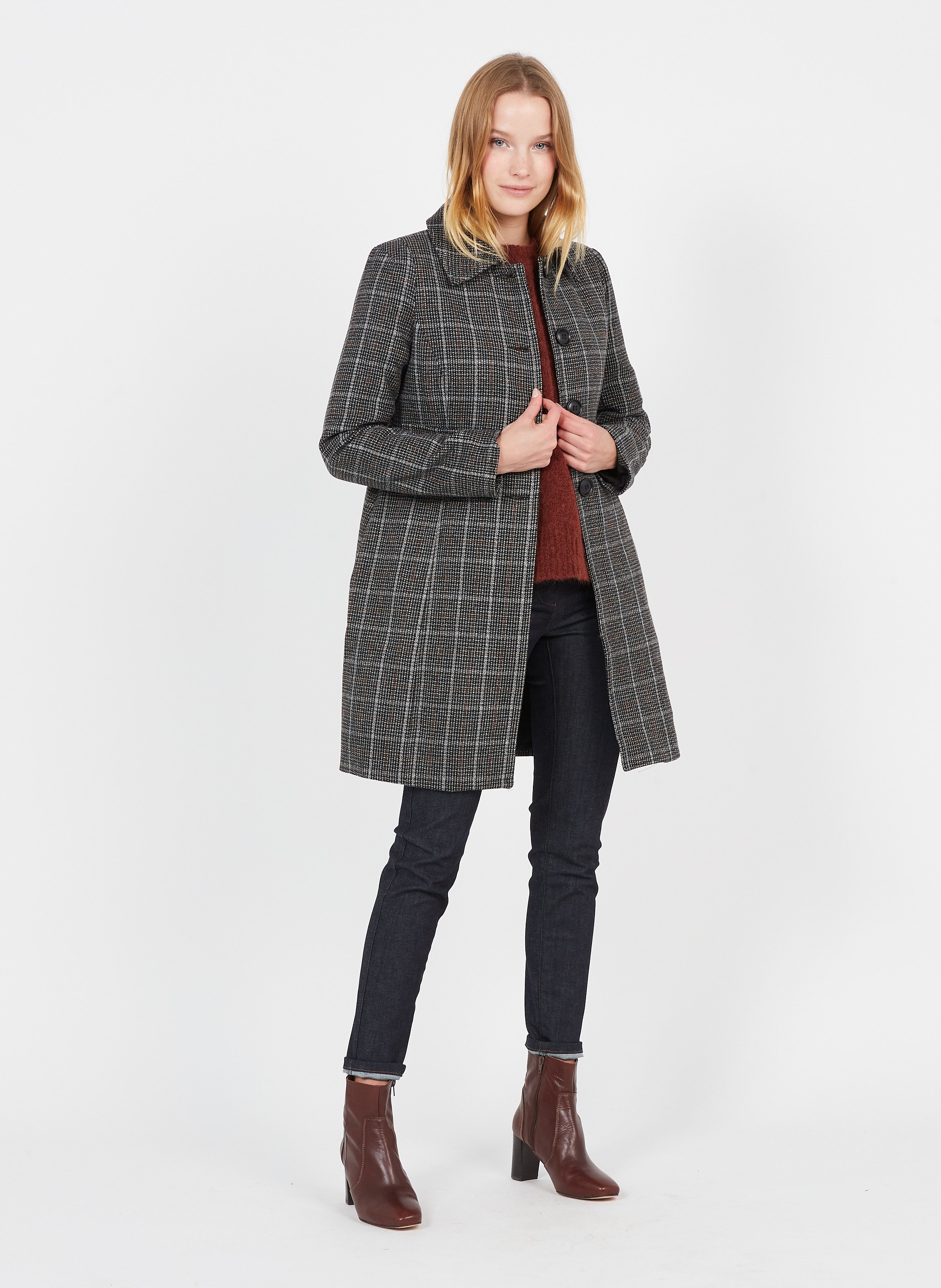 grey check wool coat womens