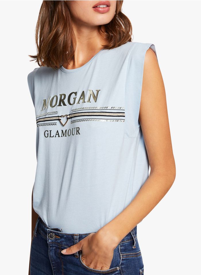 MORGAN Blue Round-neck cotton and modal T-shirt with screen print