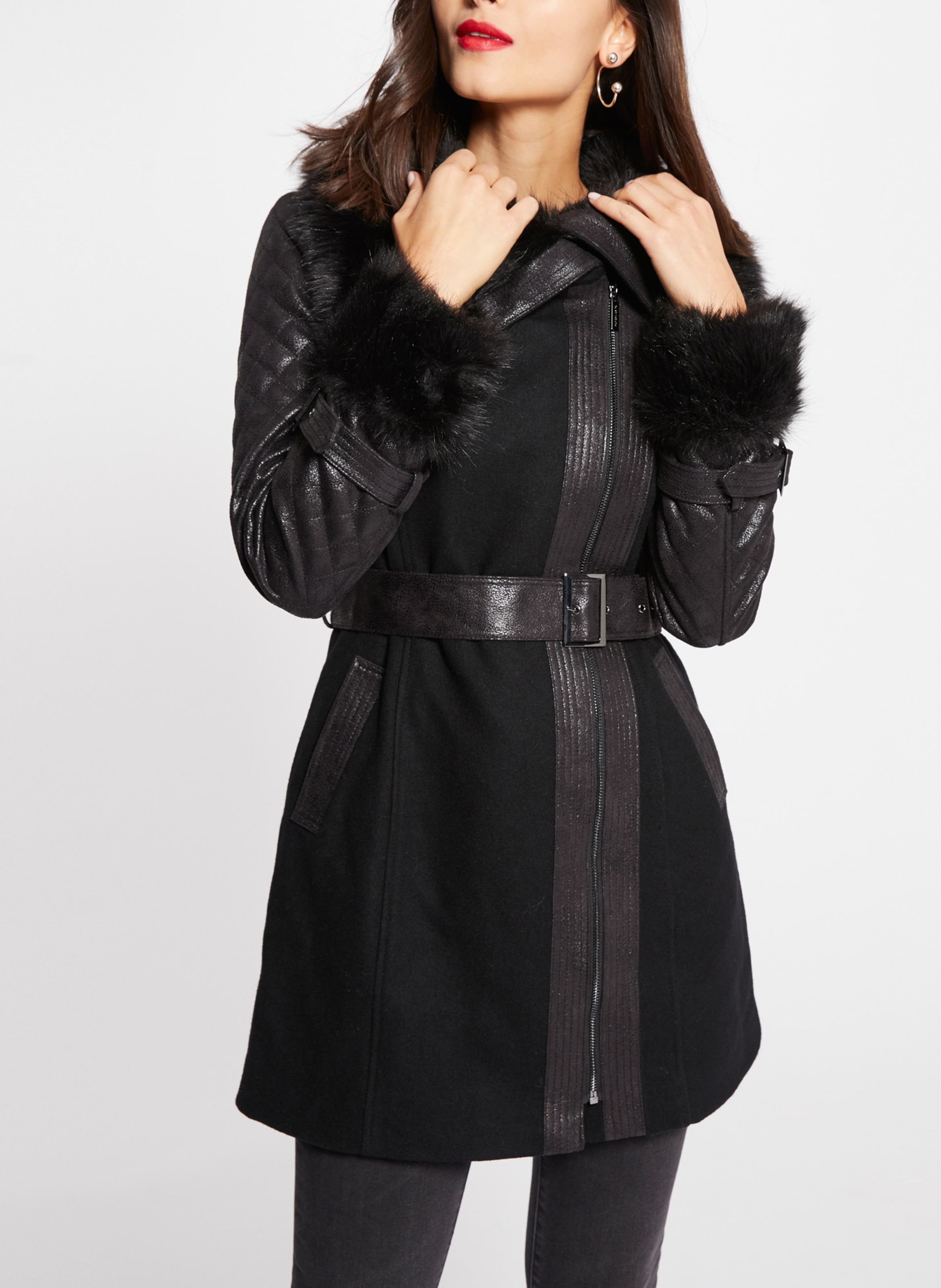 Straight Belted Zip-up Wool-blend Coat With High Neck Noir Morgan