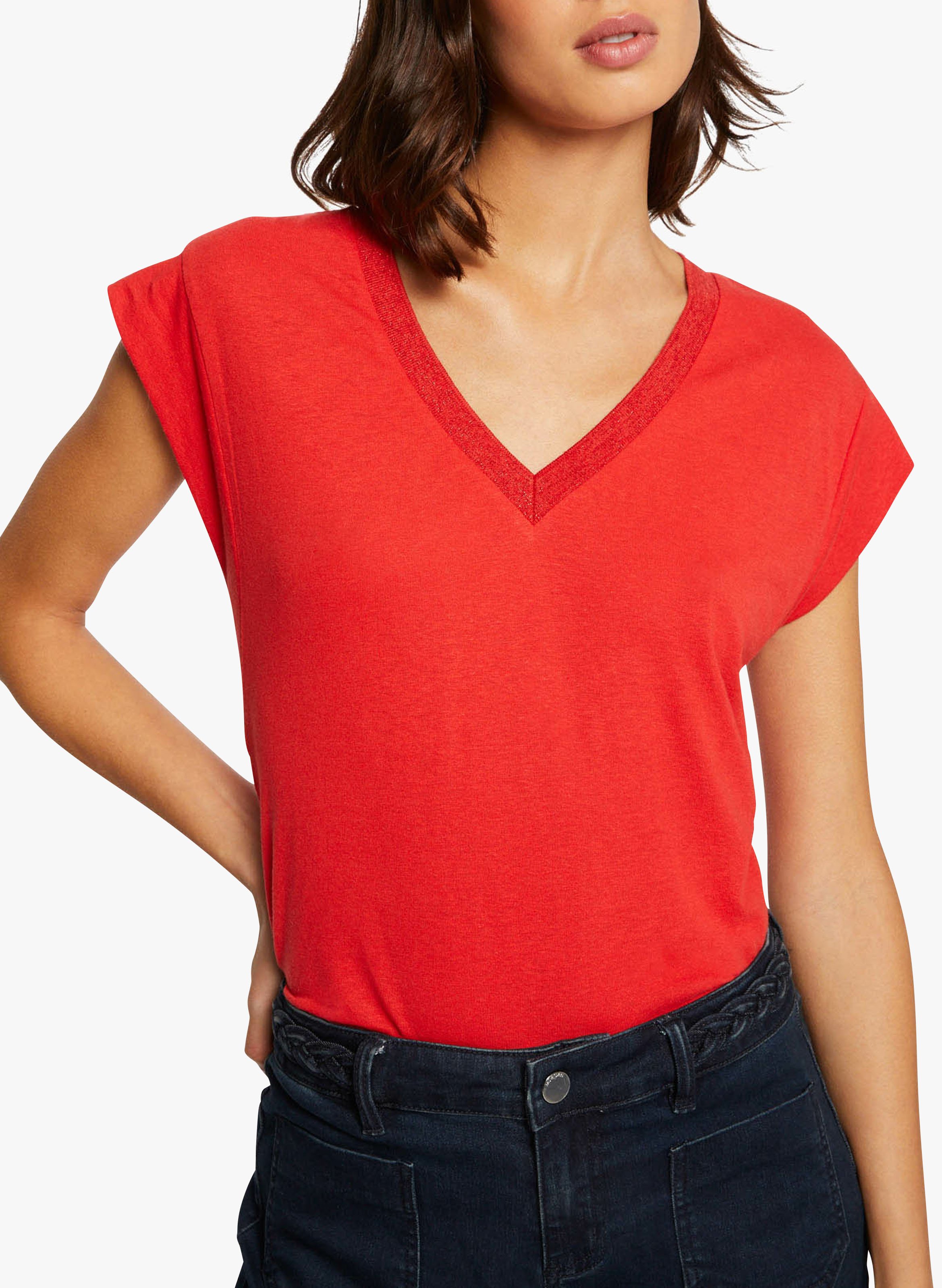 Morgan - V-Neck Linen-blend T-Shirt - M Size - Red
