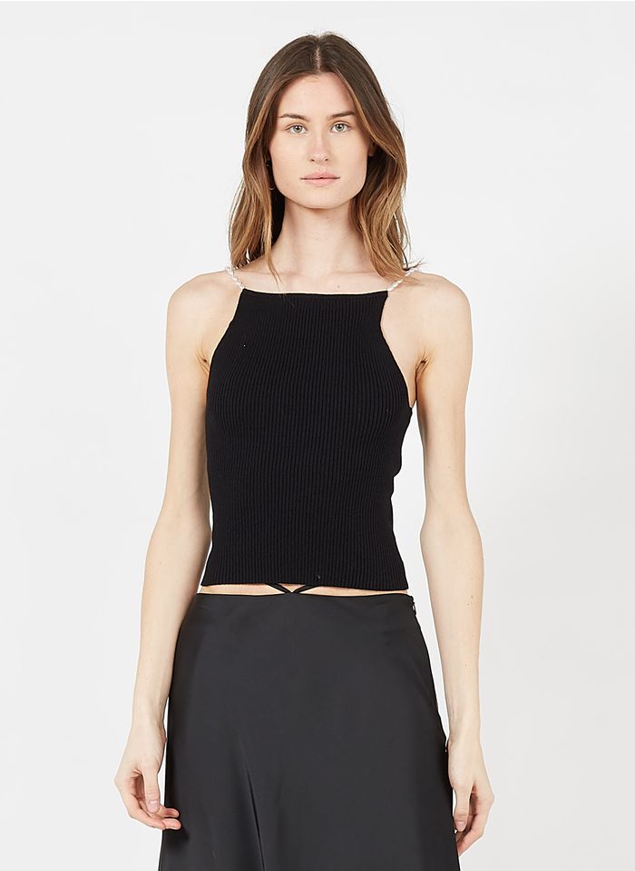 MUSIER Black Square-neck top with beaded straps
