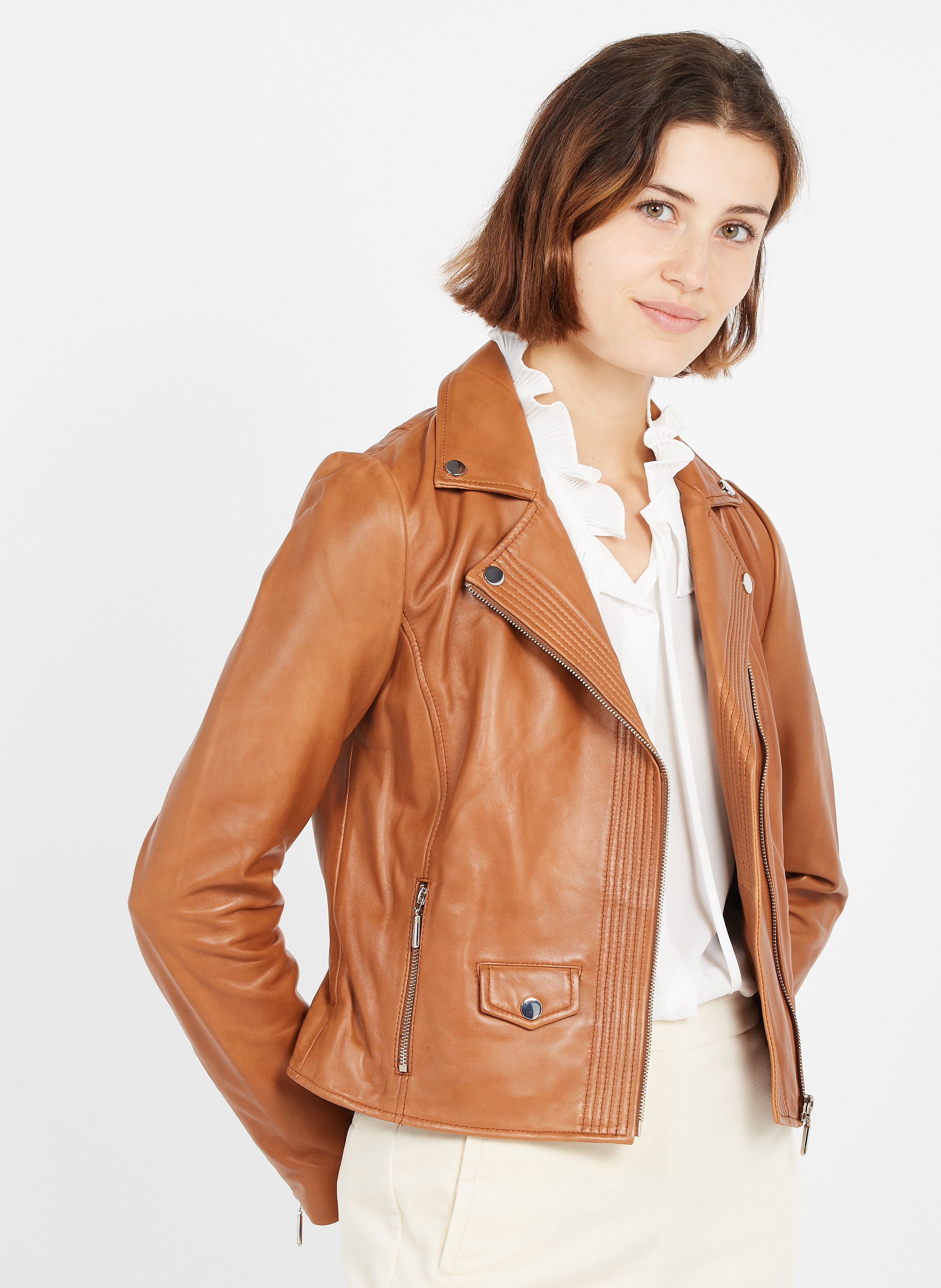 cognac leather coat