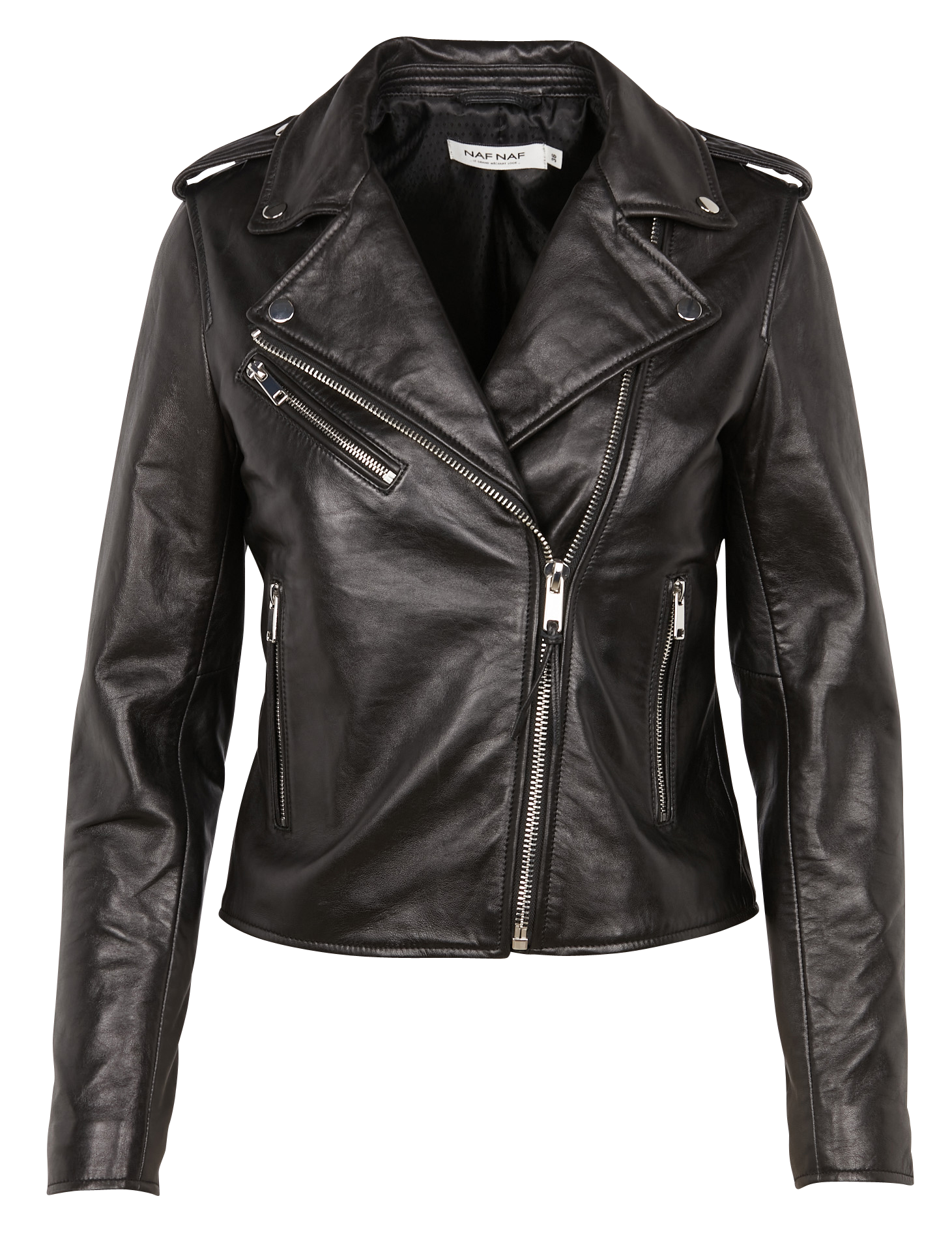 Short Leather Jacket With Tailored Collar Noir Naf Naf - Women | Place ...