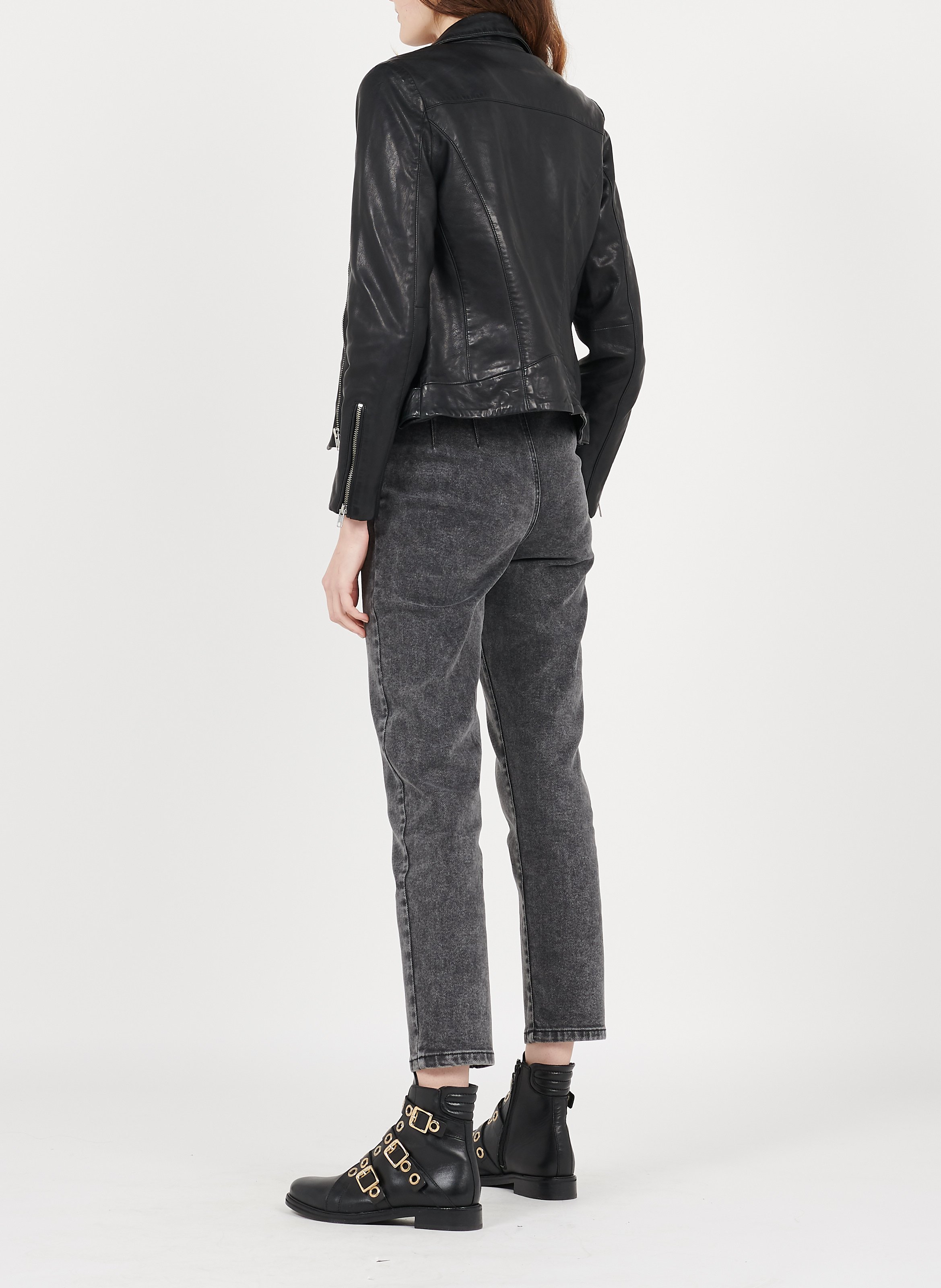 Zip Up Leather Jacket With Classic Collar Noir Naf Naf Women Place Des Tendances