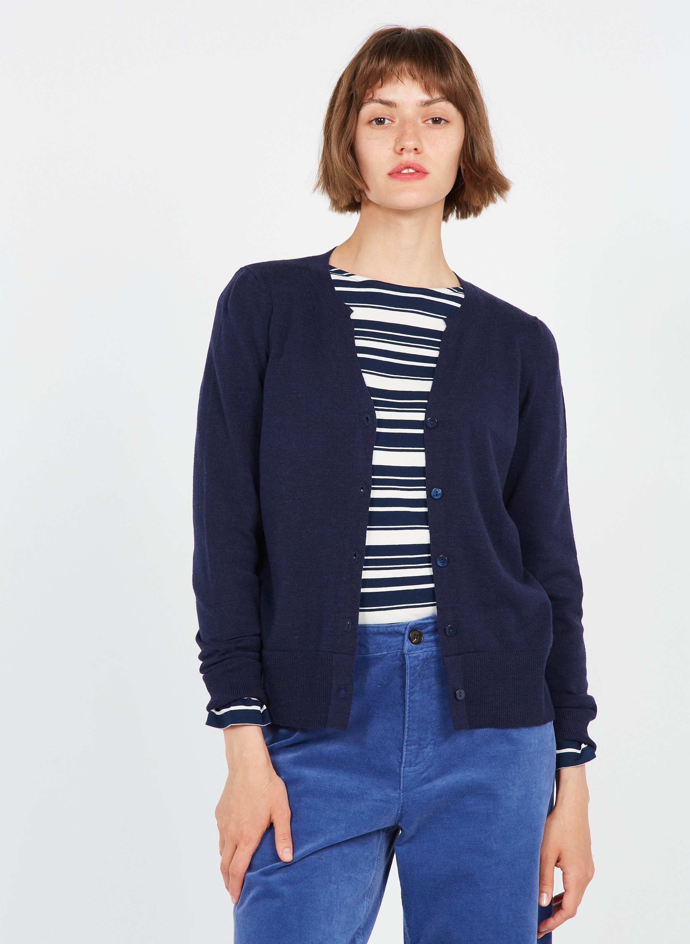 Cotton-blend Henley Cardigan Bleu 