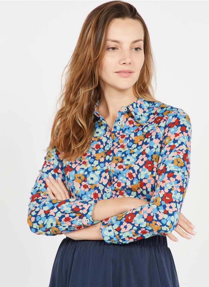 NICE THINGS Blue Floral print cotton shirt with classic collar