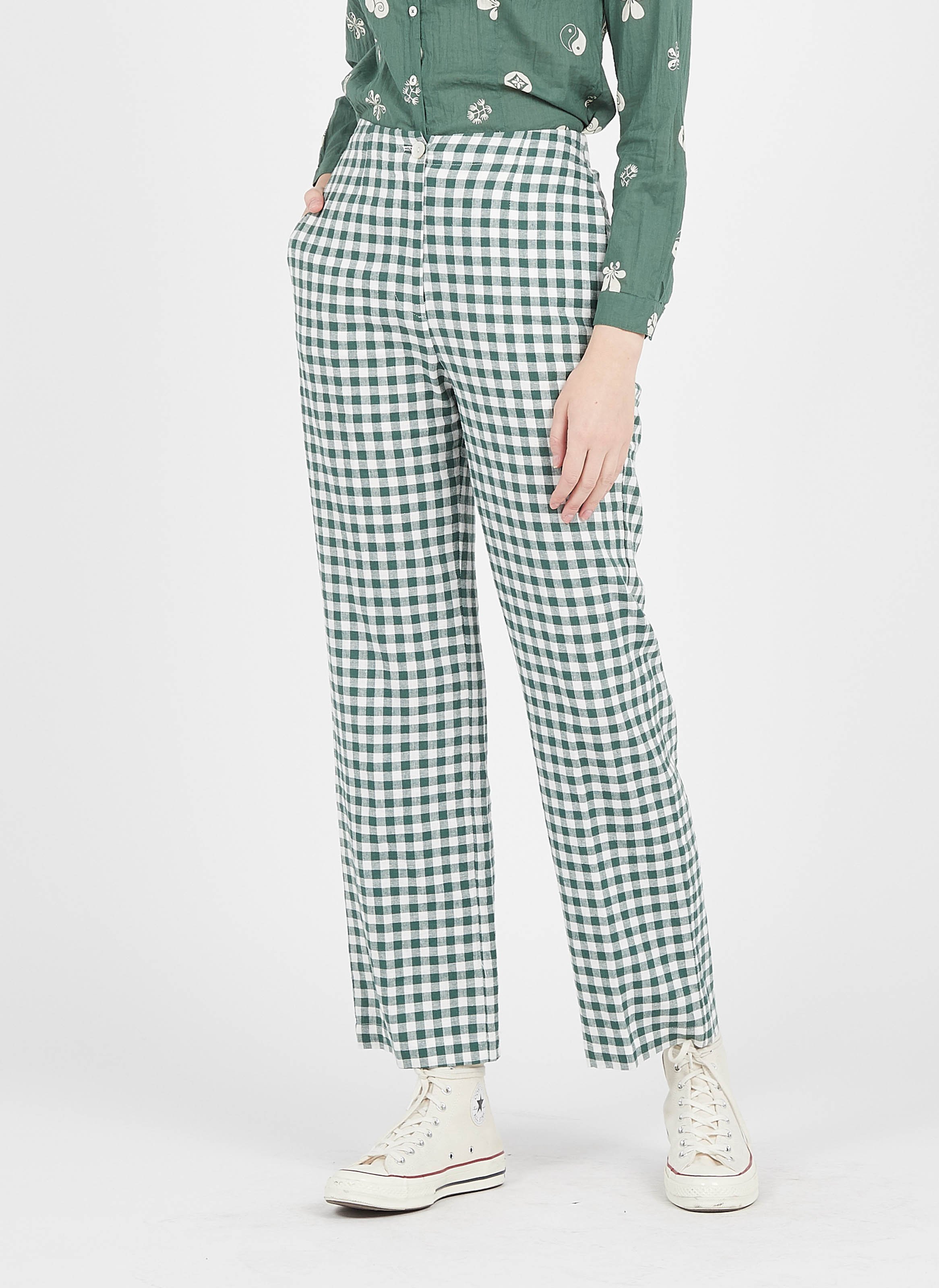 High-waisted Gingham Linen-blend Pants 