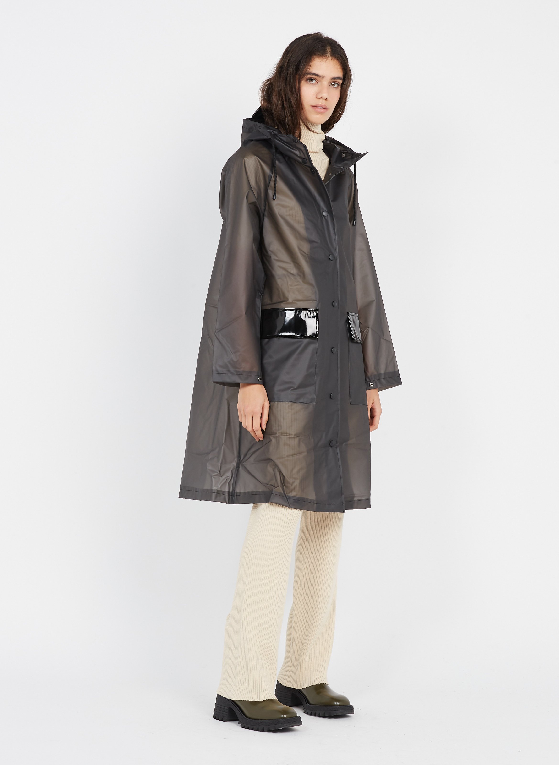 womens long black hooded raincoat
