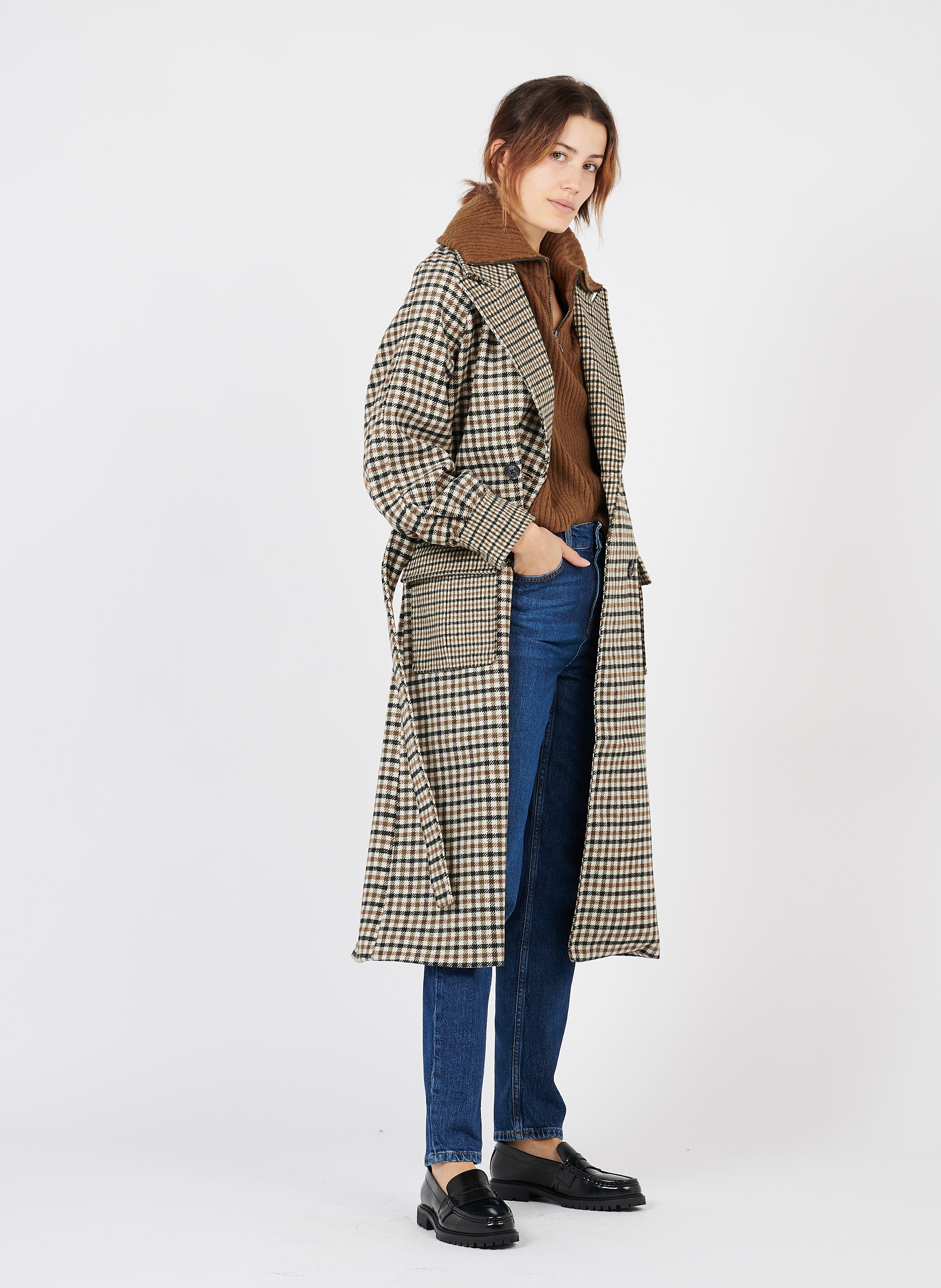 long checked wool coat