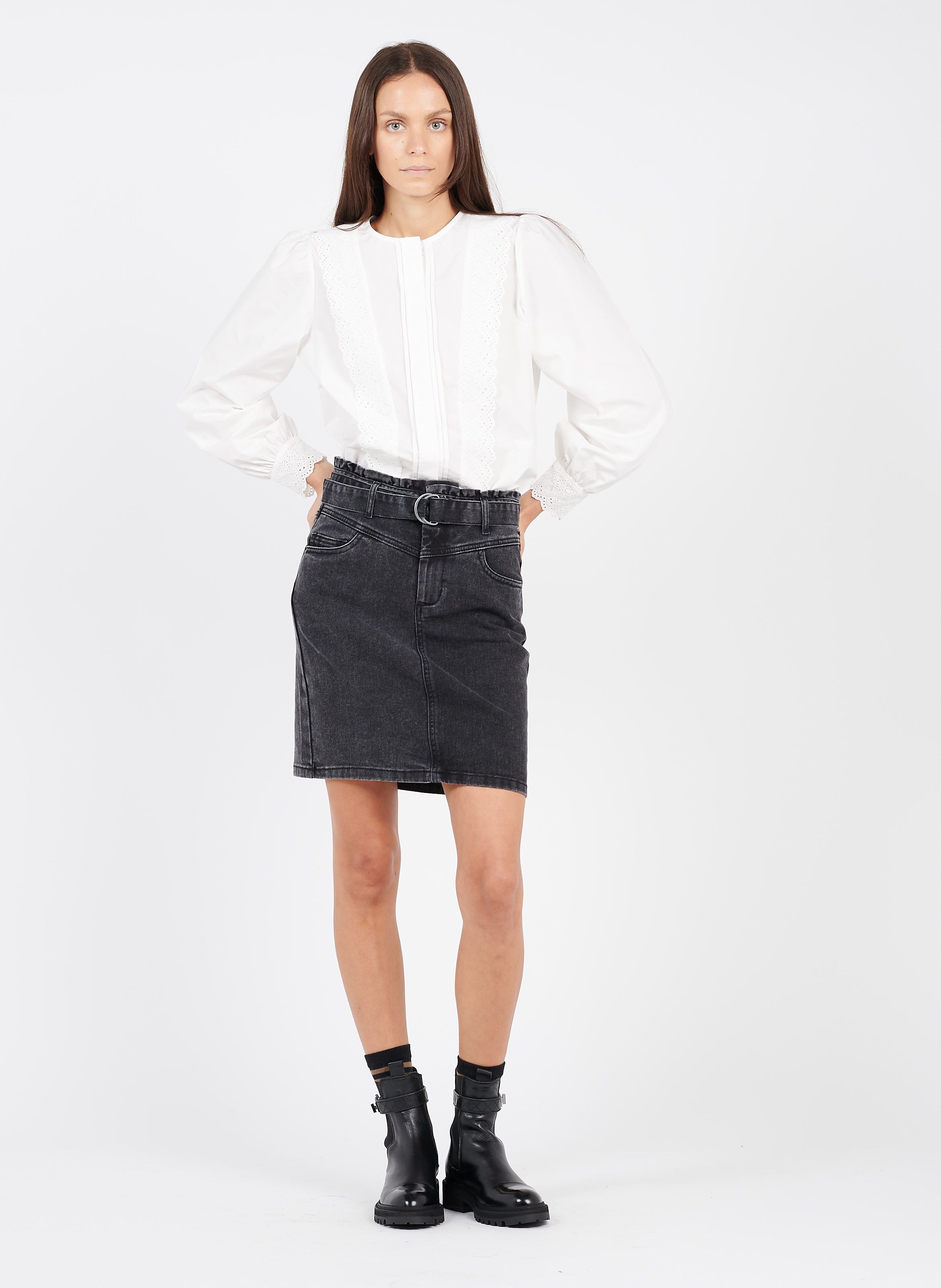 jean skirt with black boots