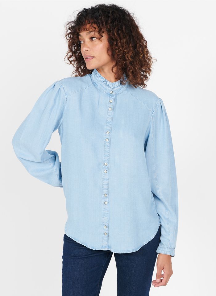 ONE STEP Faded jeans Denim effect top with Victorian collar