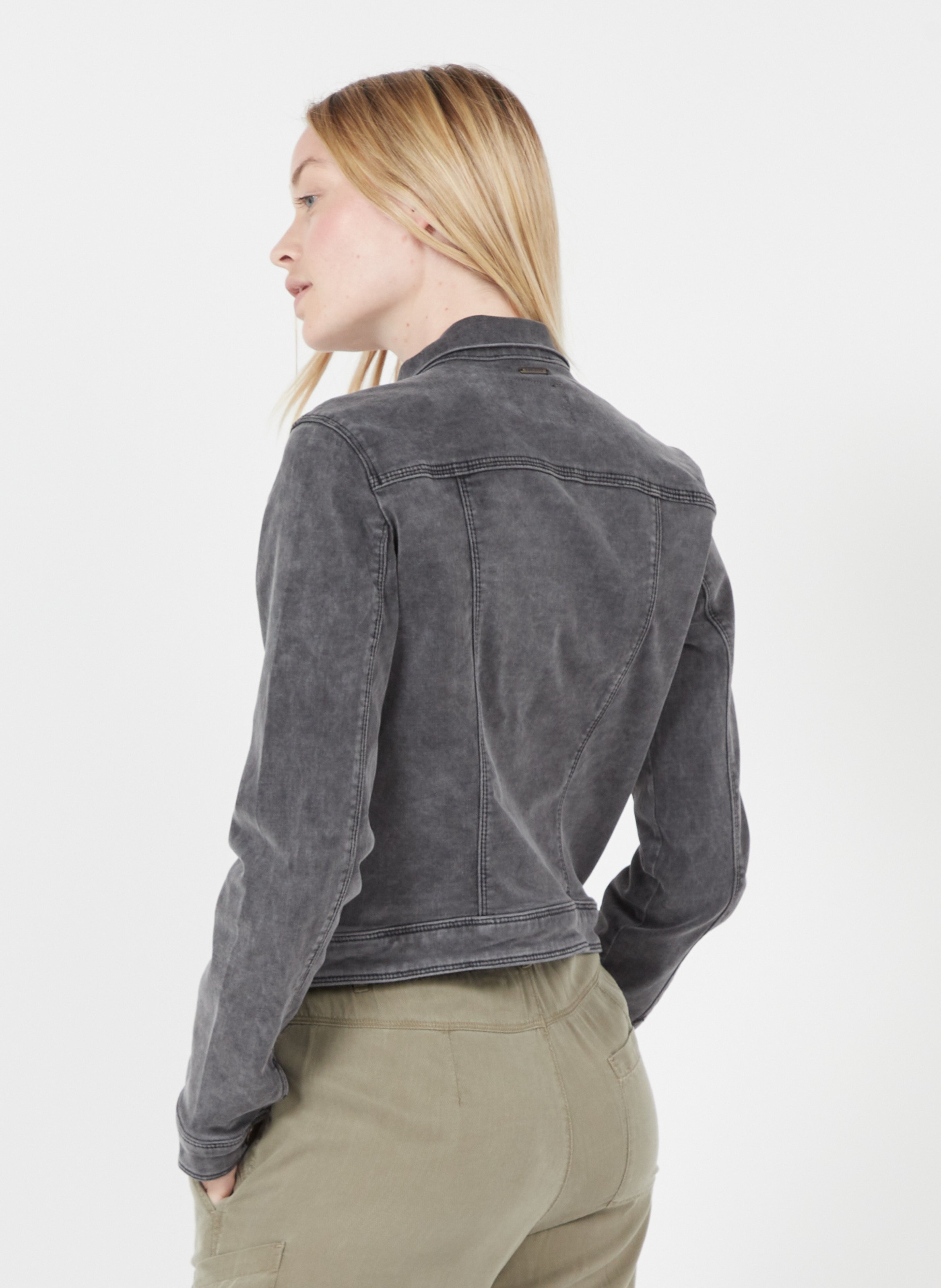 grey collarless jacket