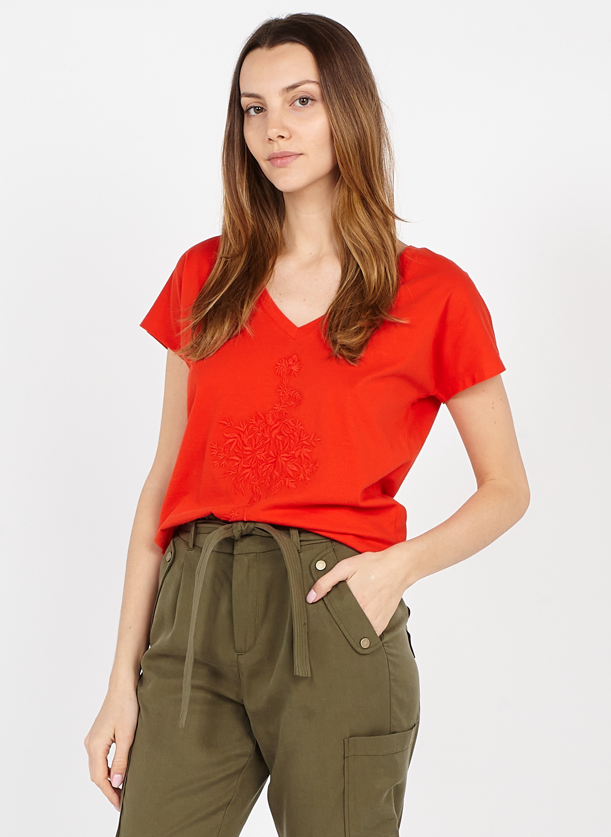 Sale Embroidered Cotton V-neck T-shirt 
