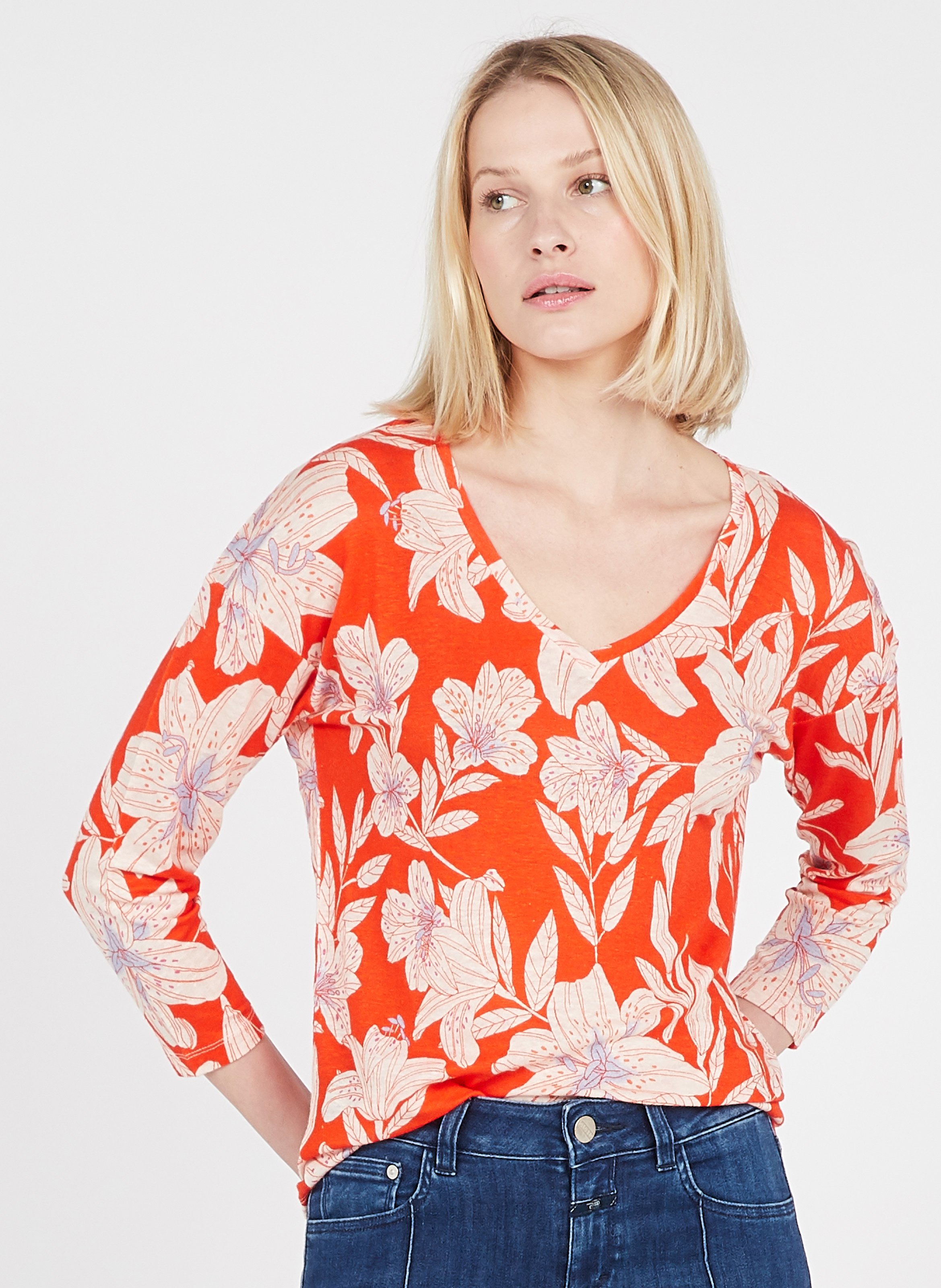Sale Floral Print V-neck T-shirt Orange 