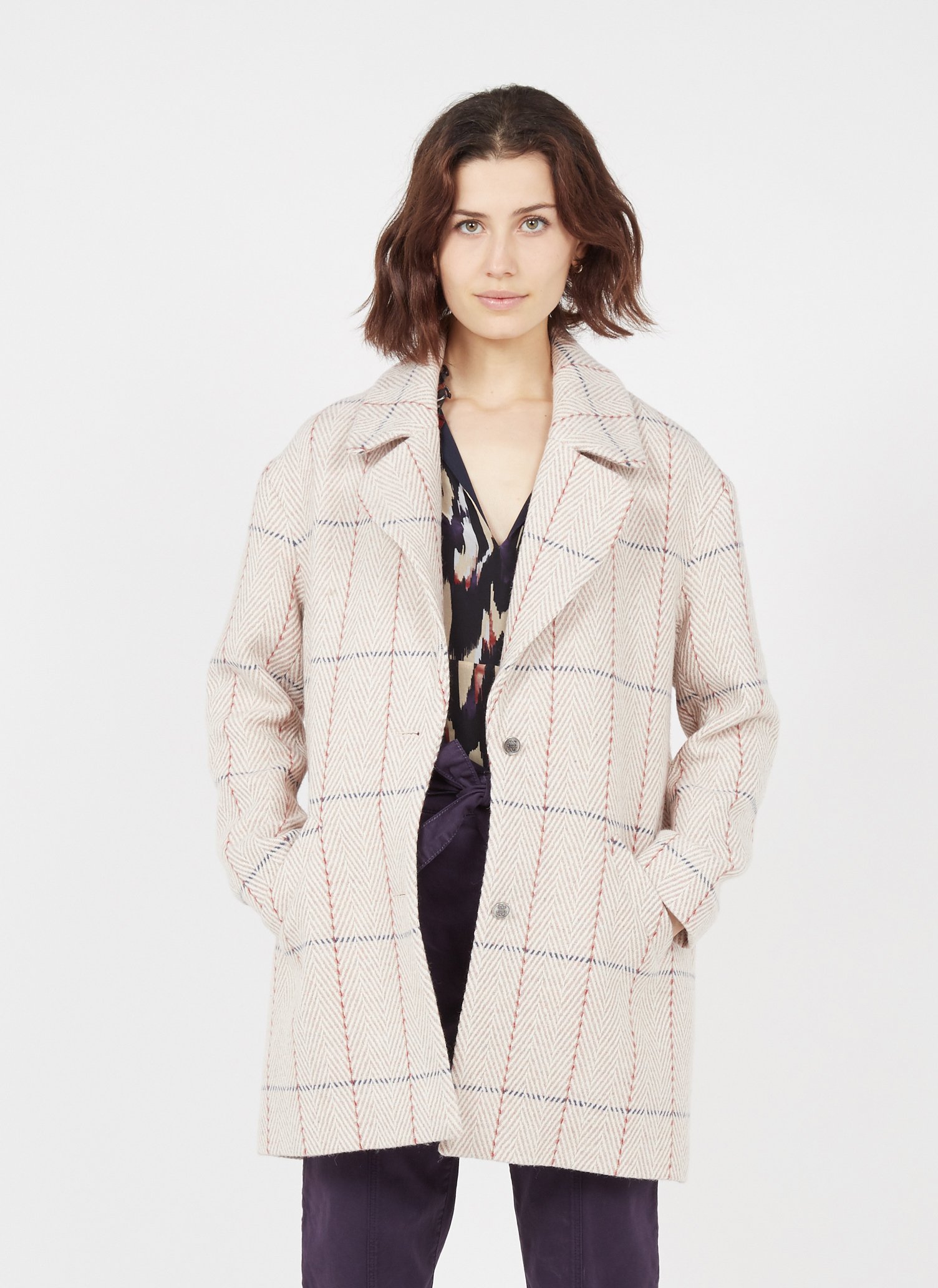 pink herringbone coat