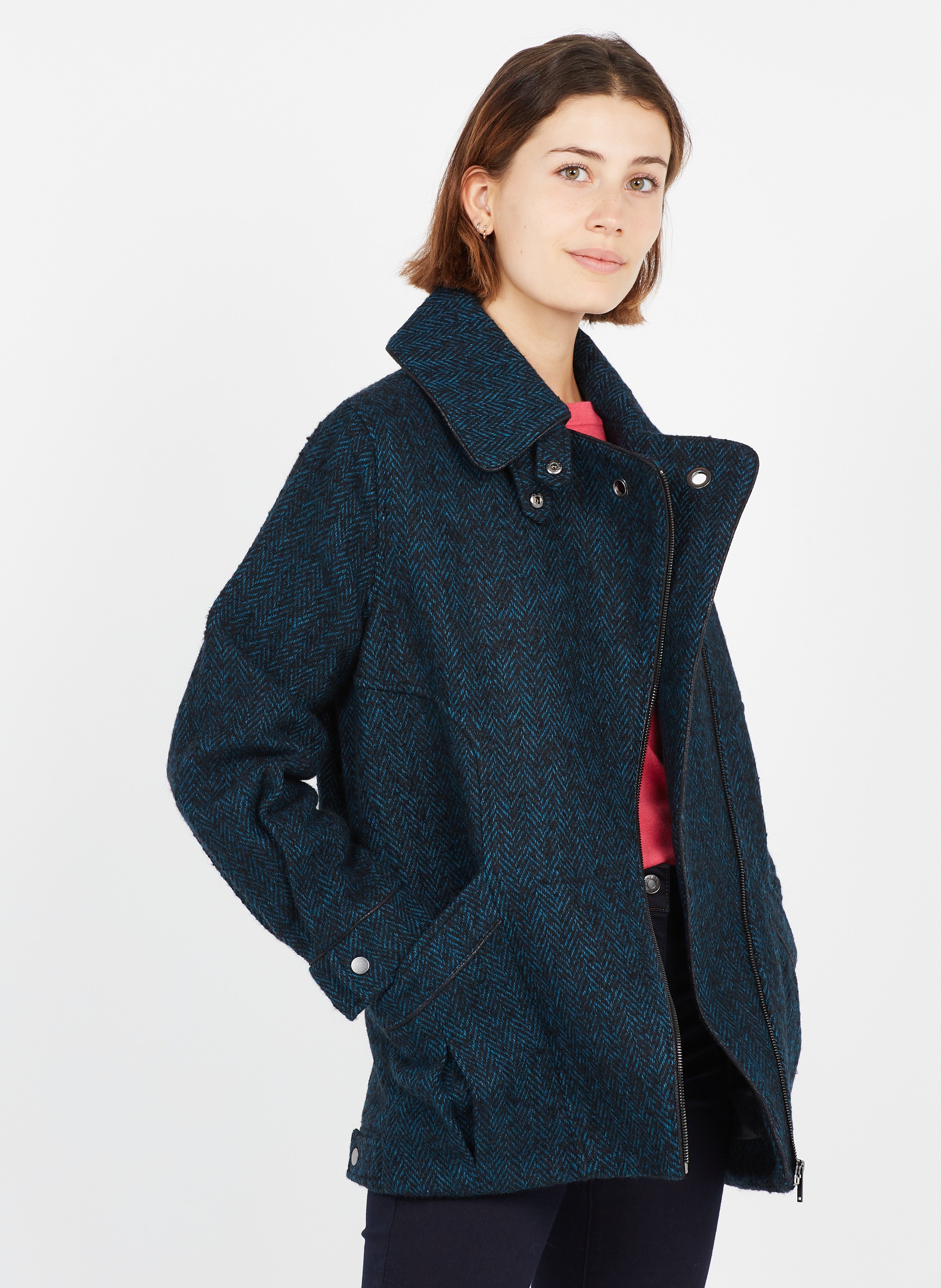 blue herringbone coat