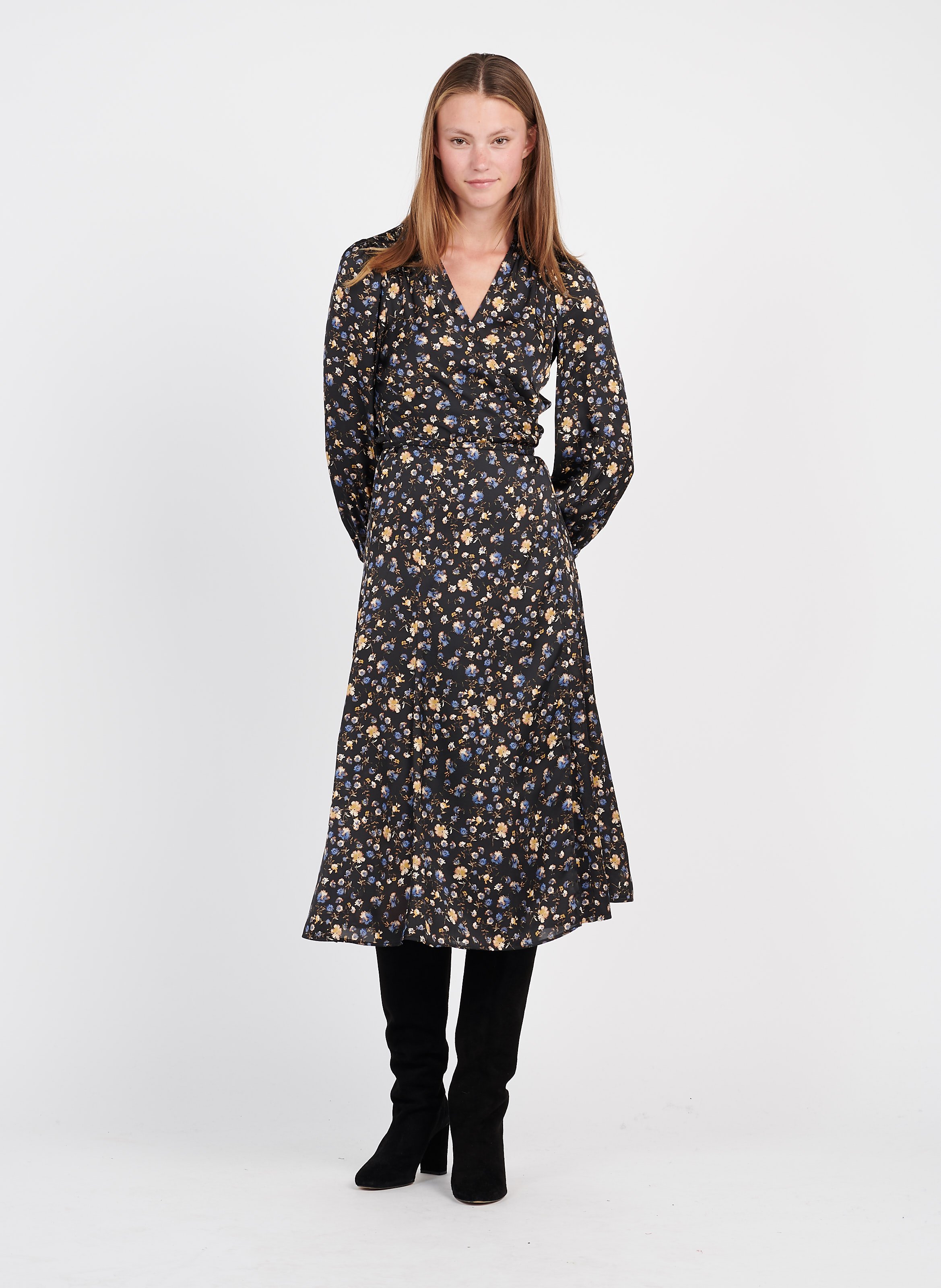 black floral midi wrap dress