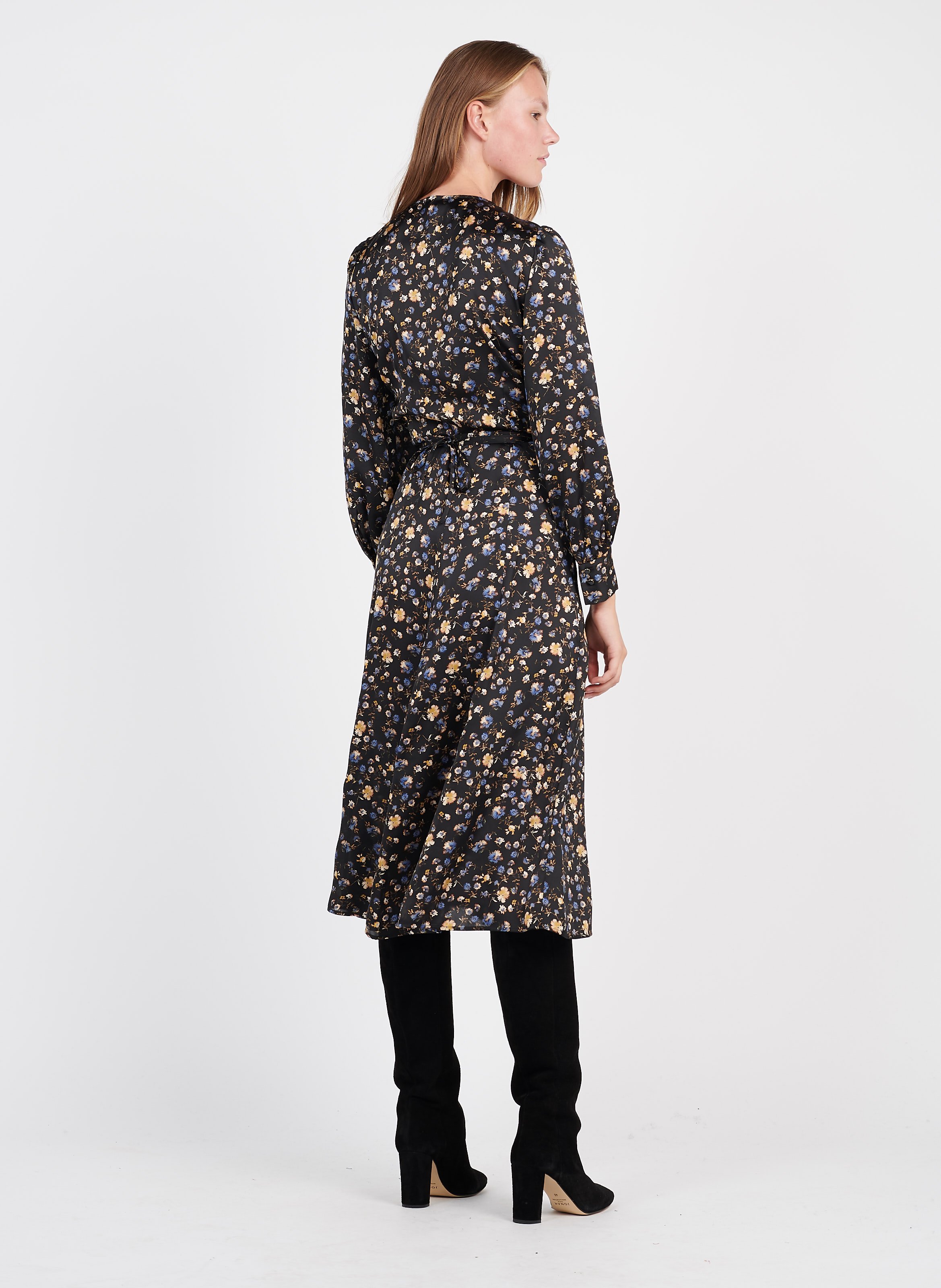 black floral midi wrap dress