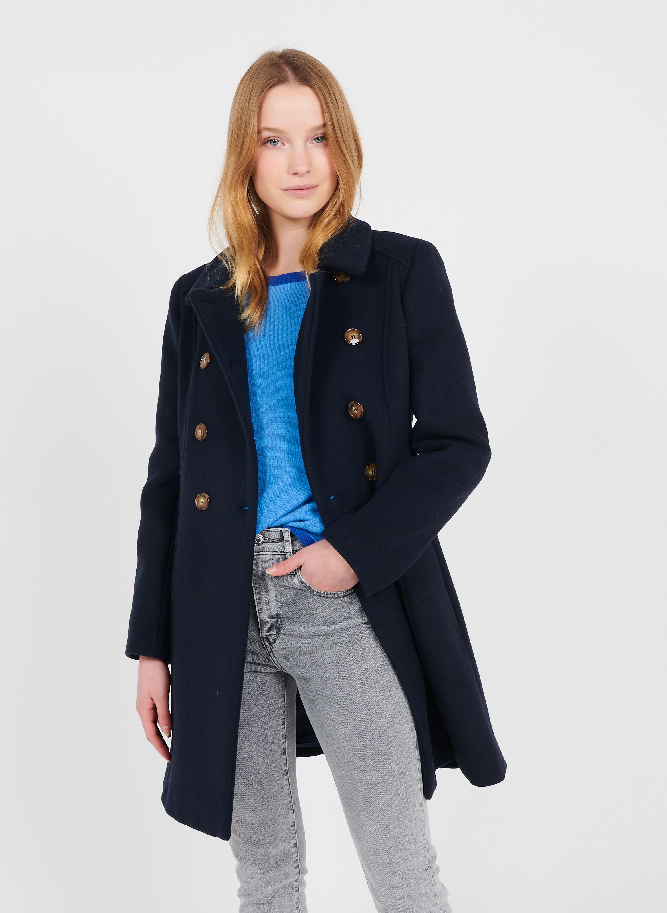 navy blue wool blend coat