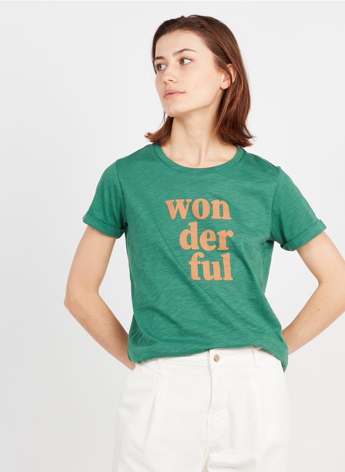 PABLO Green Round-neck cotton T-shirt with screen print