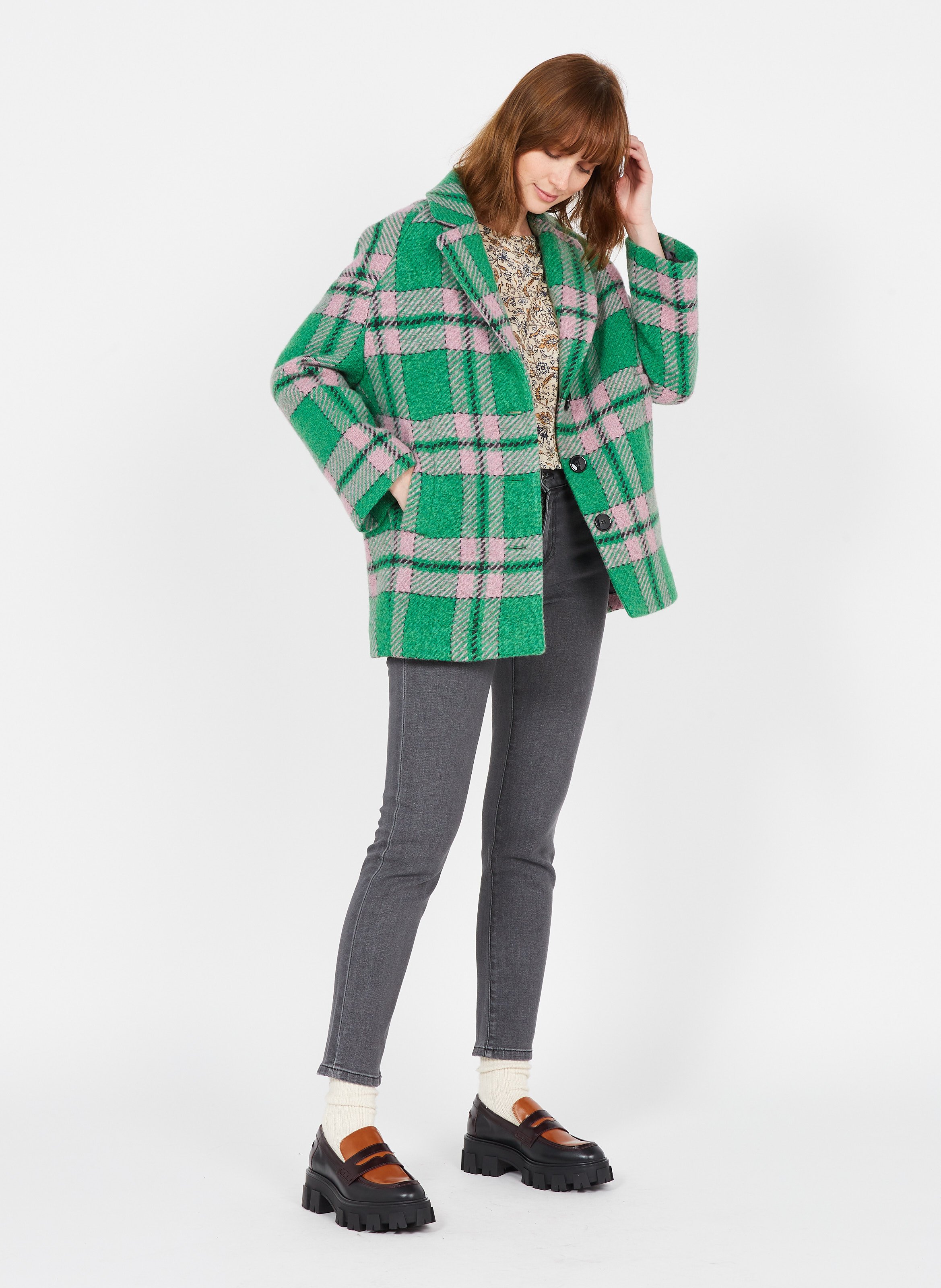 green and black checkered wool coat