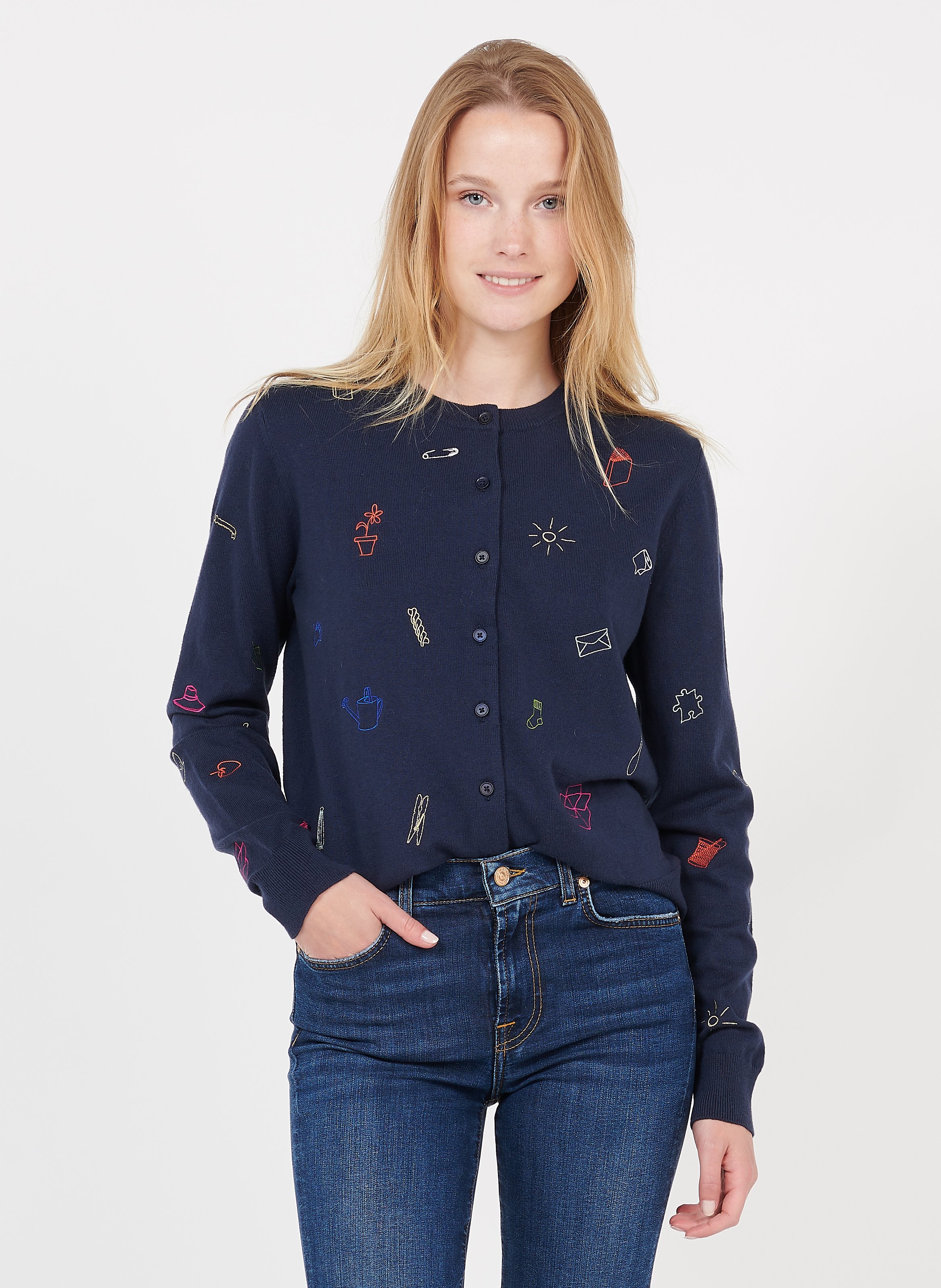 blue embroidered cardigan